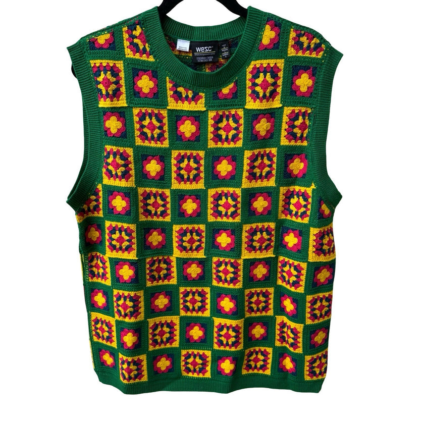 WESC Granny Square Crochet Knit Vest Boho Retro Sweater Green Mens M Womens L