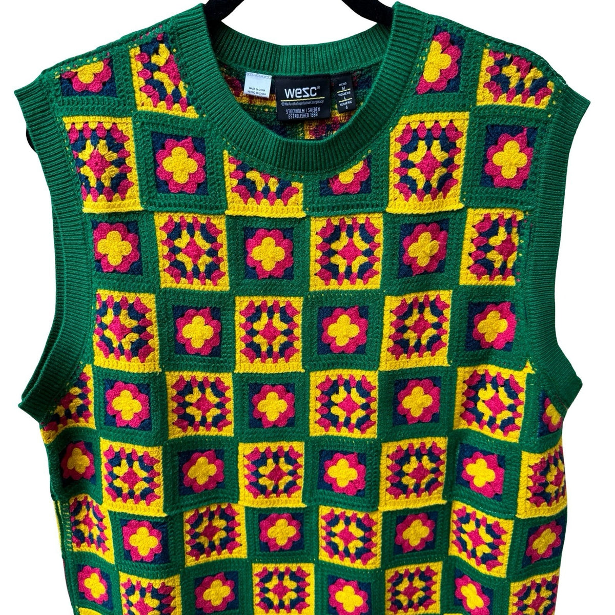 WESC Granny Square Crochet Knit Vest Boho Retro Sweater Green Mens M Womens L