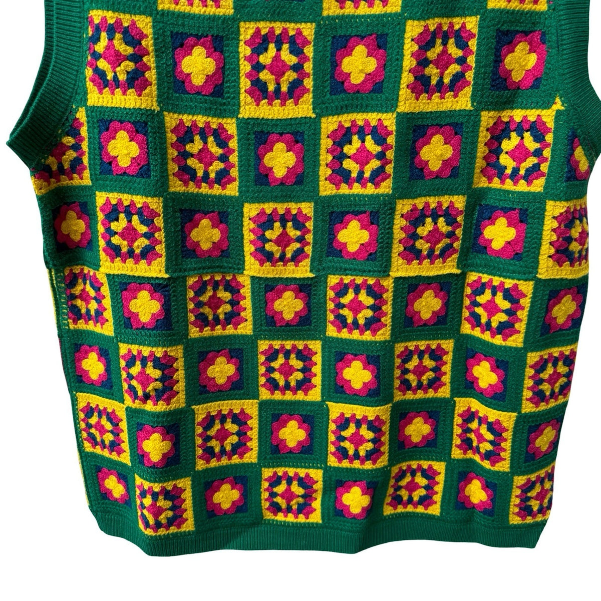WESC Granny Square Crochet Knit Vest Boho Retro Sweater Green Mens M Womens L
