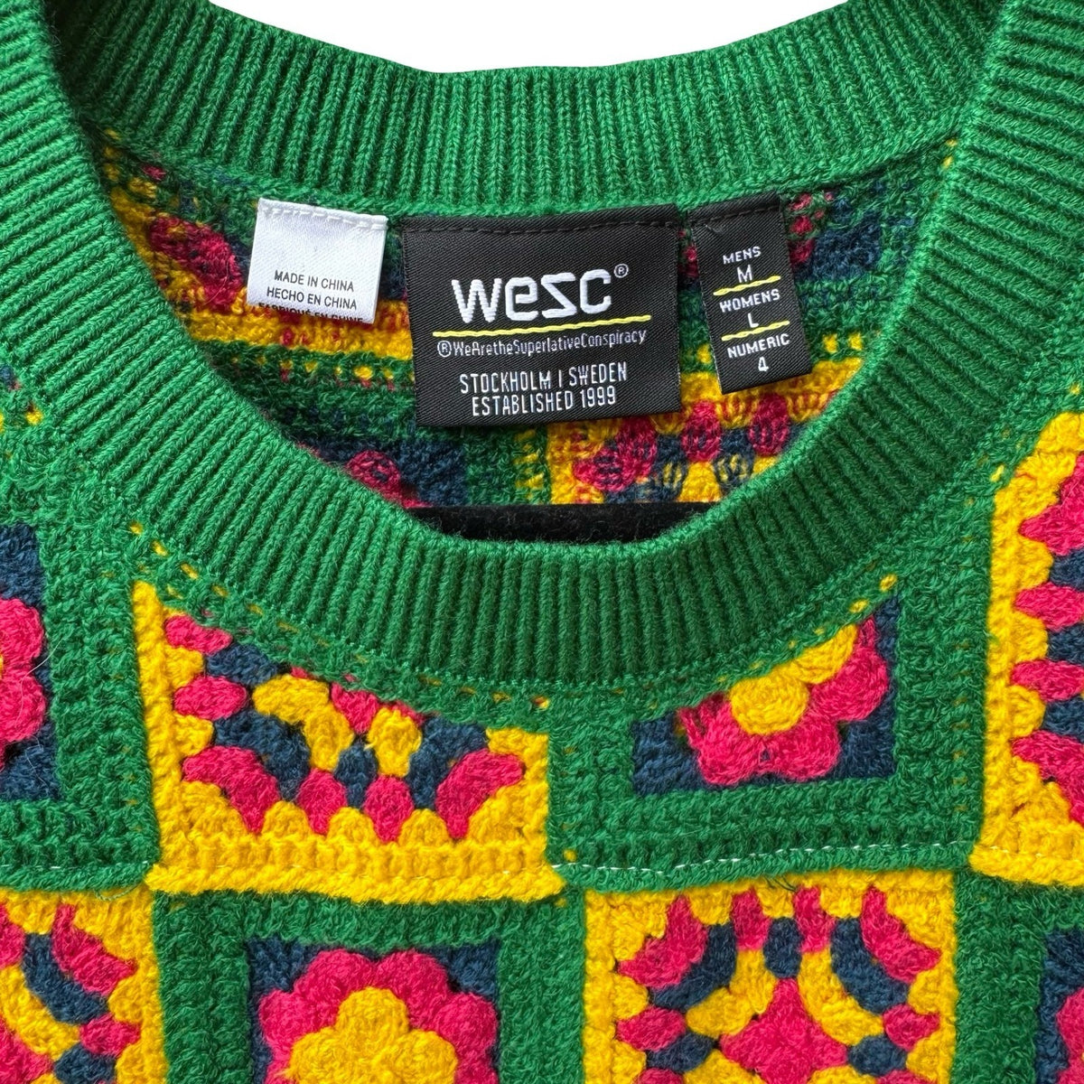 WESC Granny Square Crochet Knit Vest Boho Retro Sweater Green Mens M Womens L