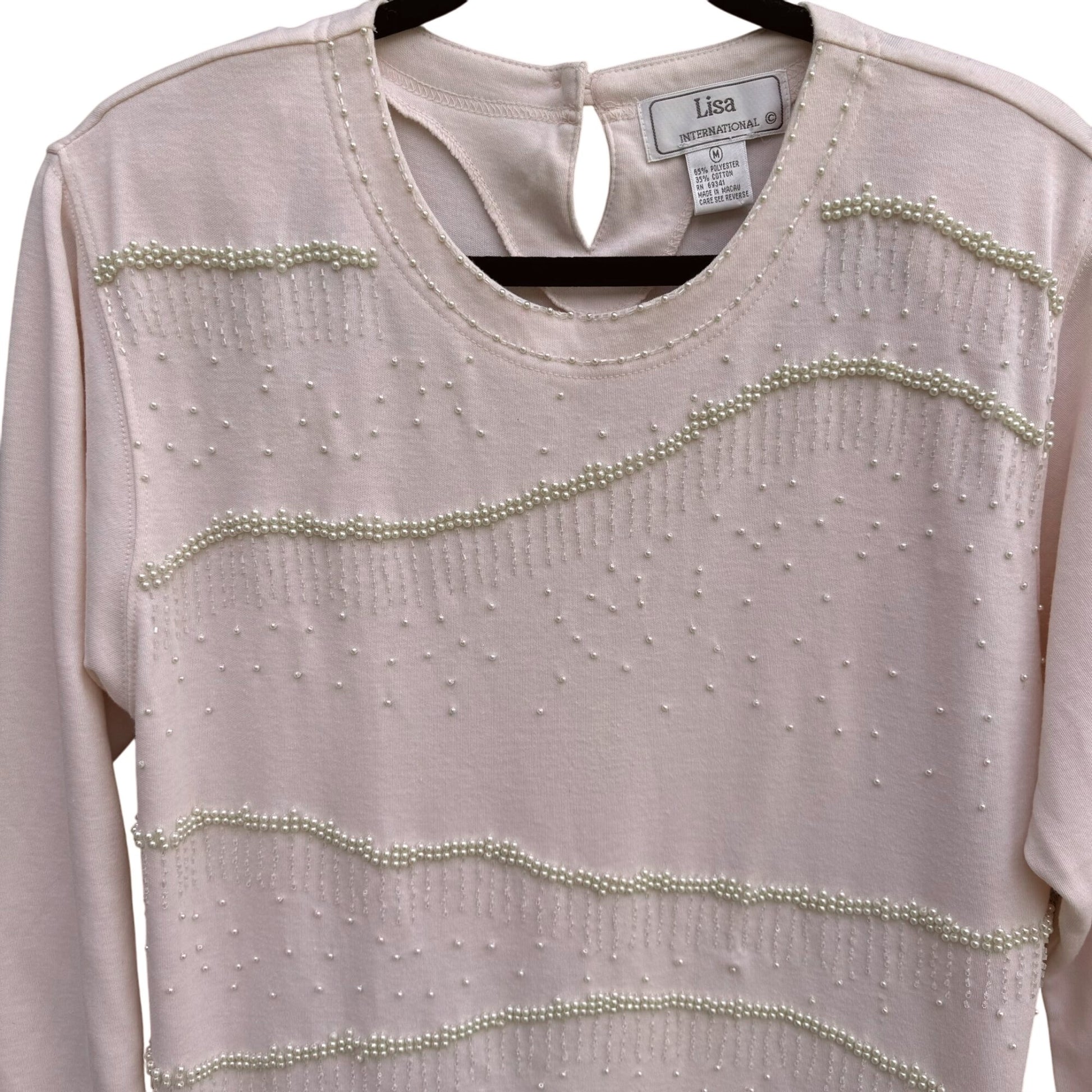 Lisa International Vintage Pink Pearl Beaded Sequin Long Sleeve Blouse Top M