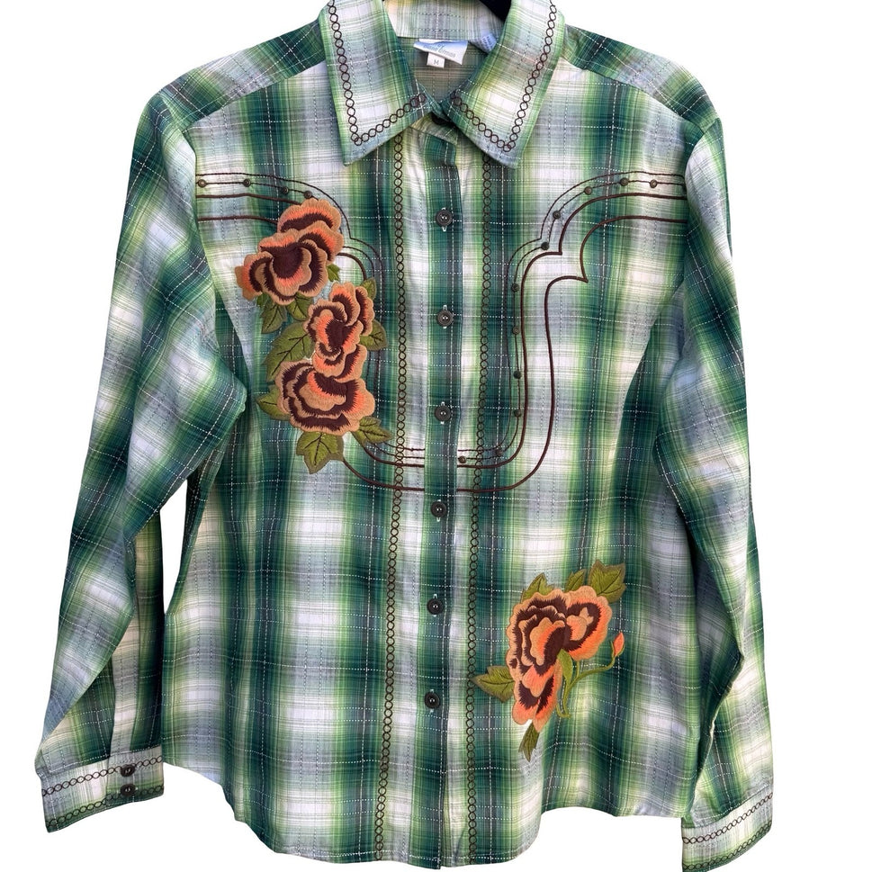 Diane Gilman DG2 Green Plaid Floral Embroidered Western Button Up Shirt M NEW