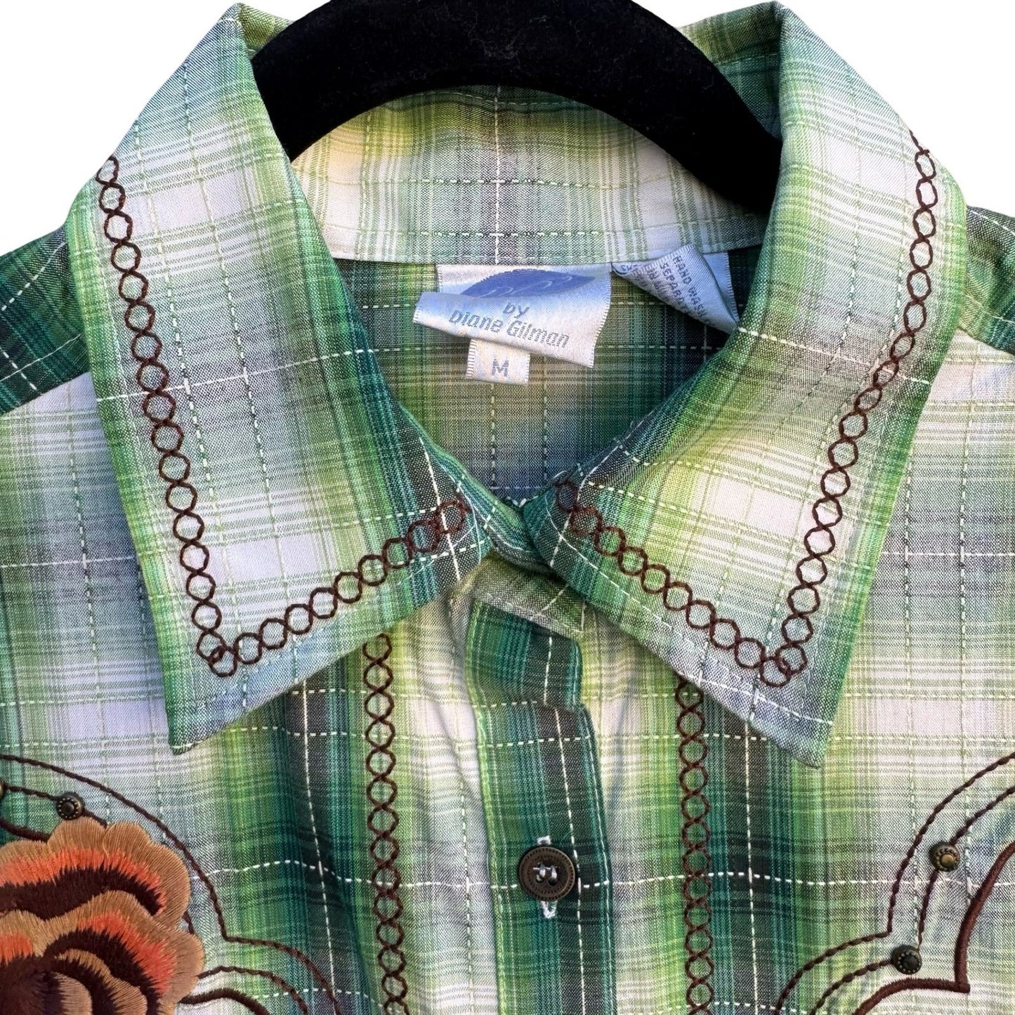 Diane Gilman DG2 Green Plaid Floral Embroidered Western Button Up Shirt M NEW