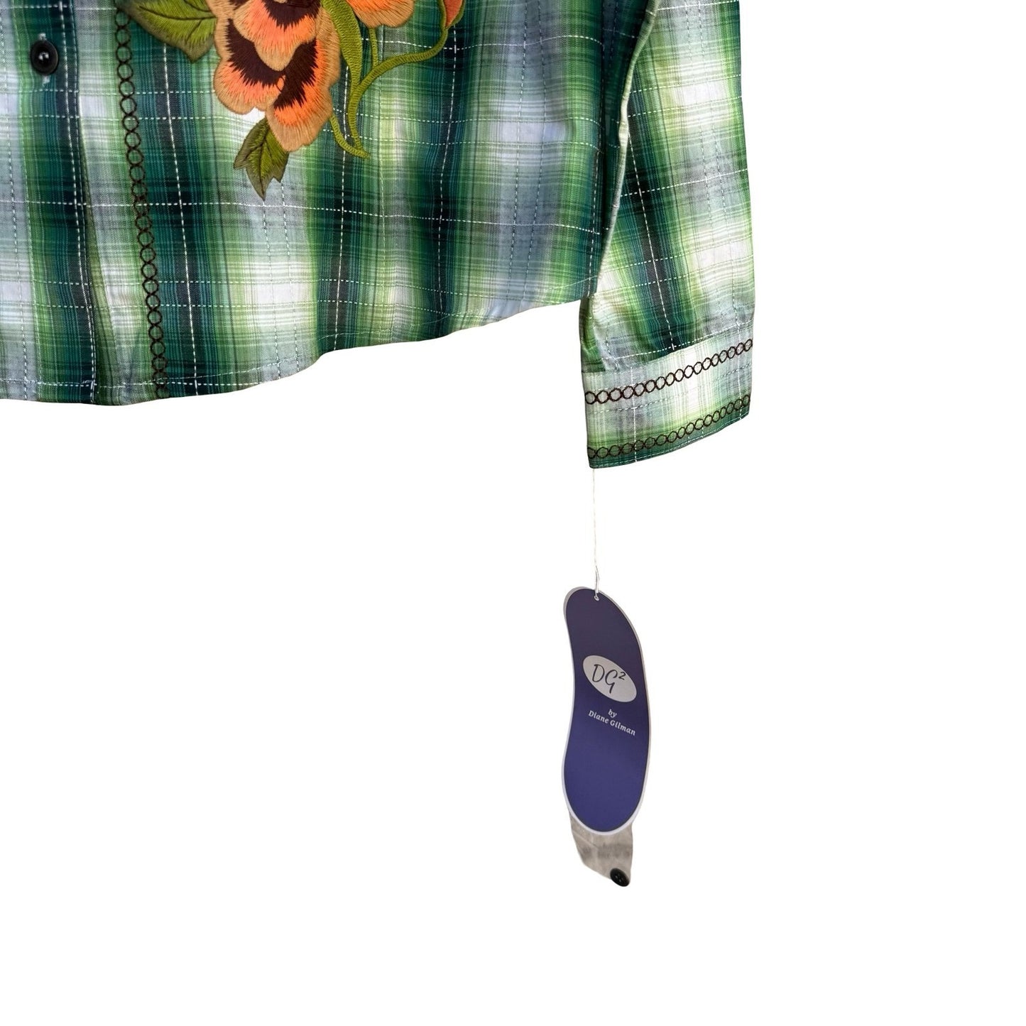 Diane Gilman DG2 Green Plaid Floral Embroidered Western Button Up Shirt M NEW