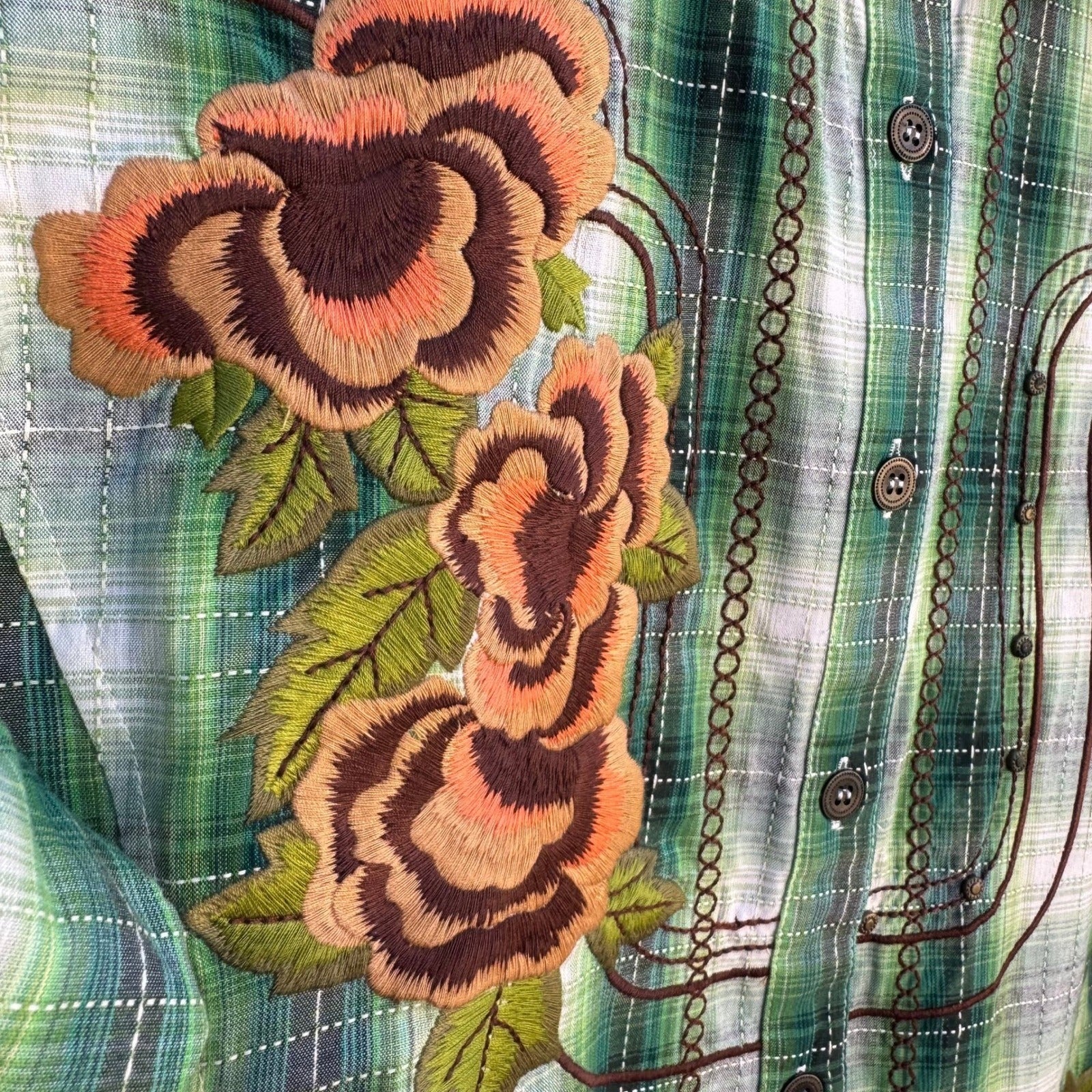 Diane Gilman DG2 Green Plaid Floral Embroidered Western Button Up Shirt M NEW