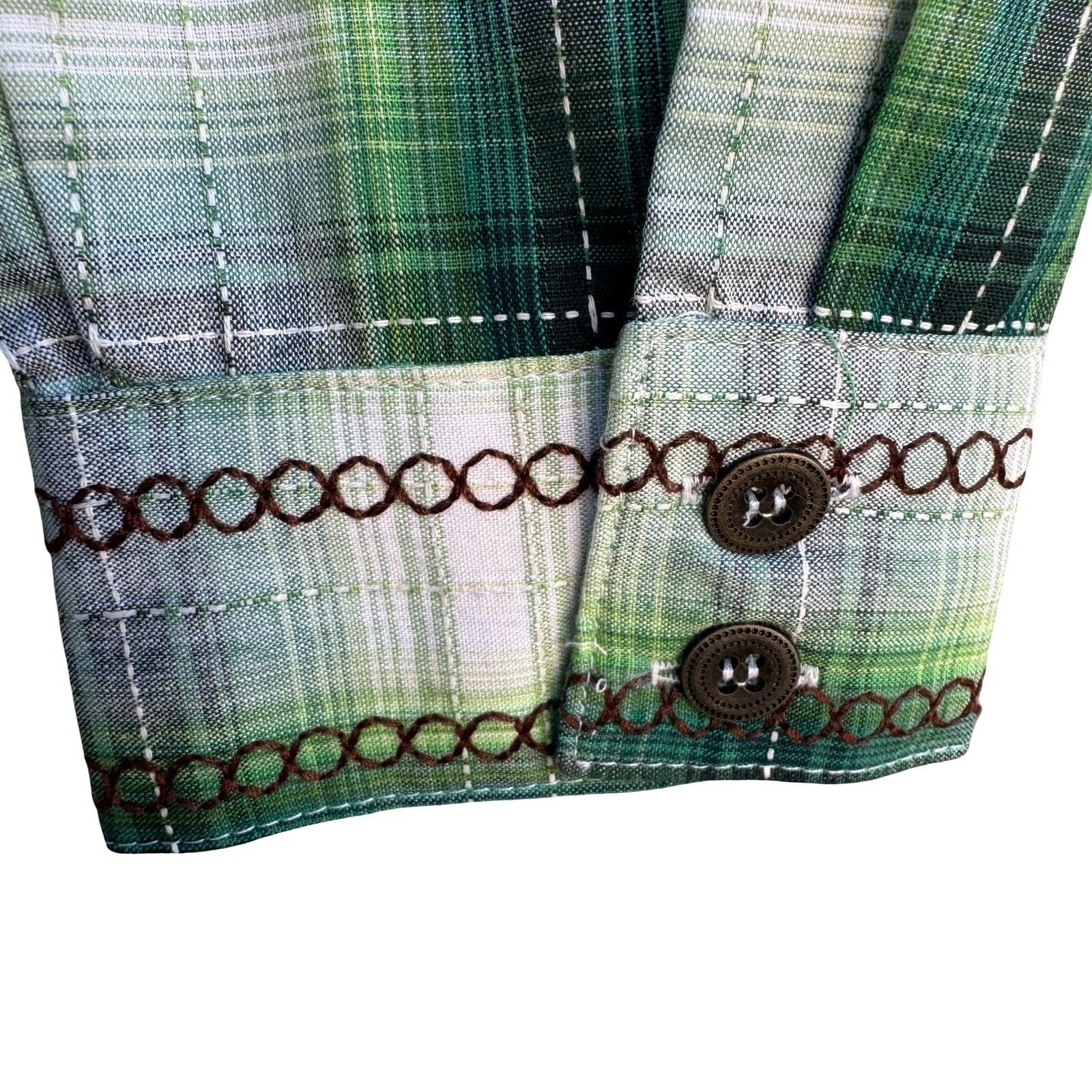 Diane Gilman DG2 Green Plaid Floral Embroidered Western Button Up Shirt M NEW