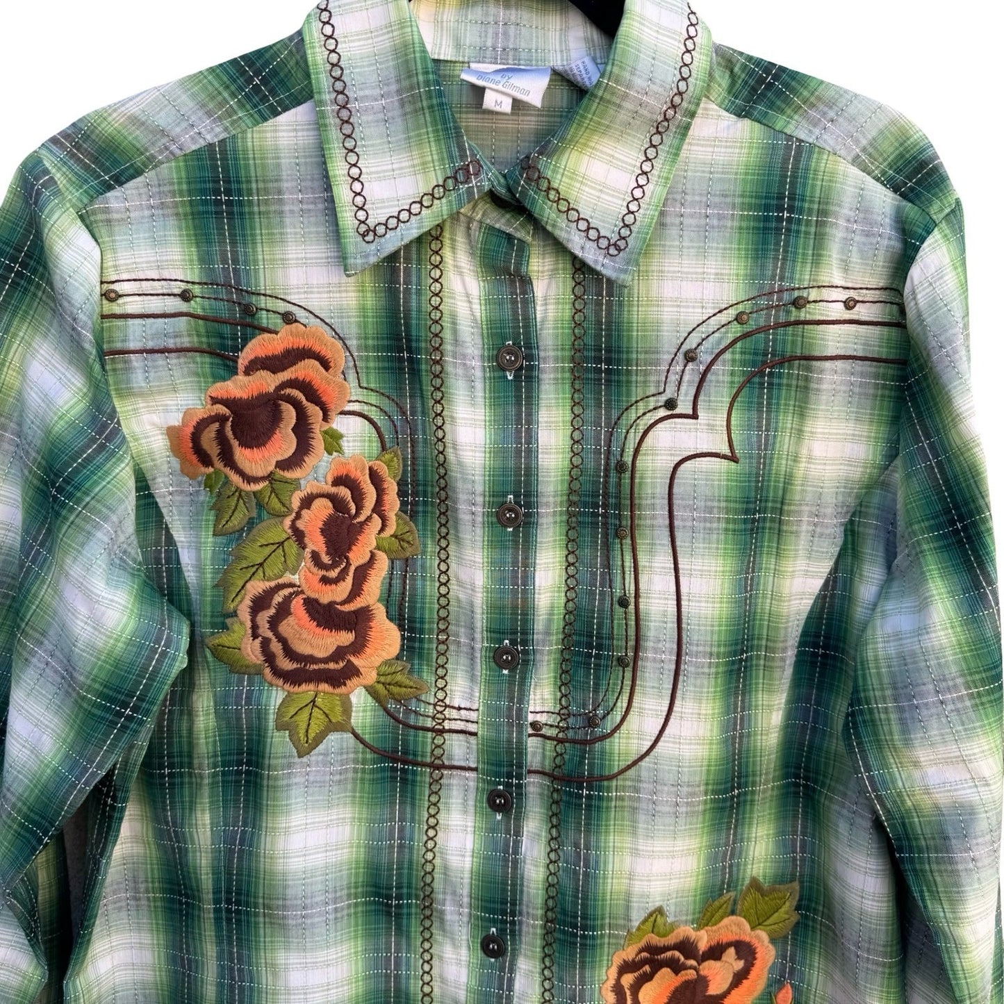 Diane Gilman DG2 Green Plaid Floral Embroidered Western Button Up Shirt M NEW