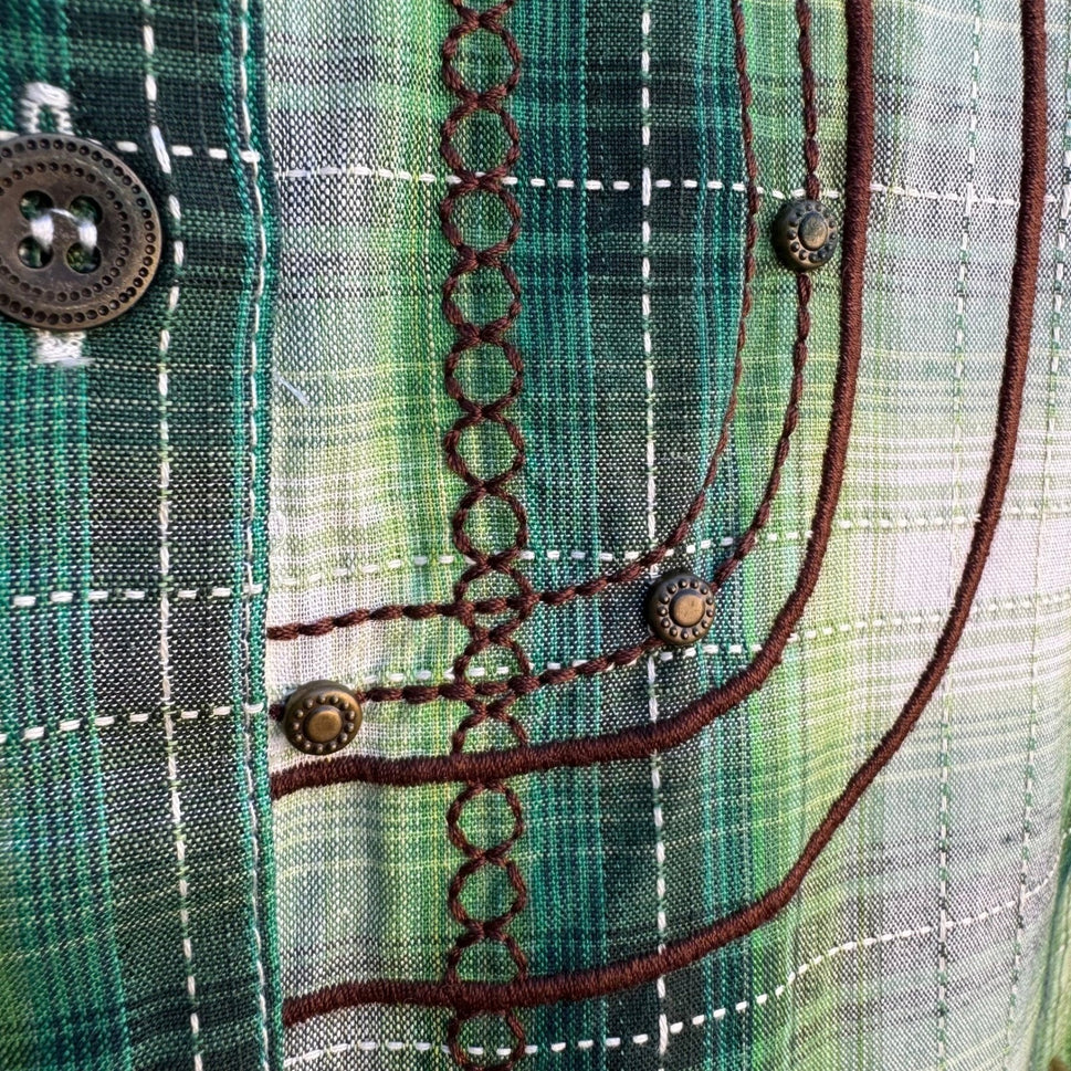 Diane Gilman DG2 Green Plaid Floral Embroidered Western Button Up Shirt M NEW