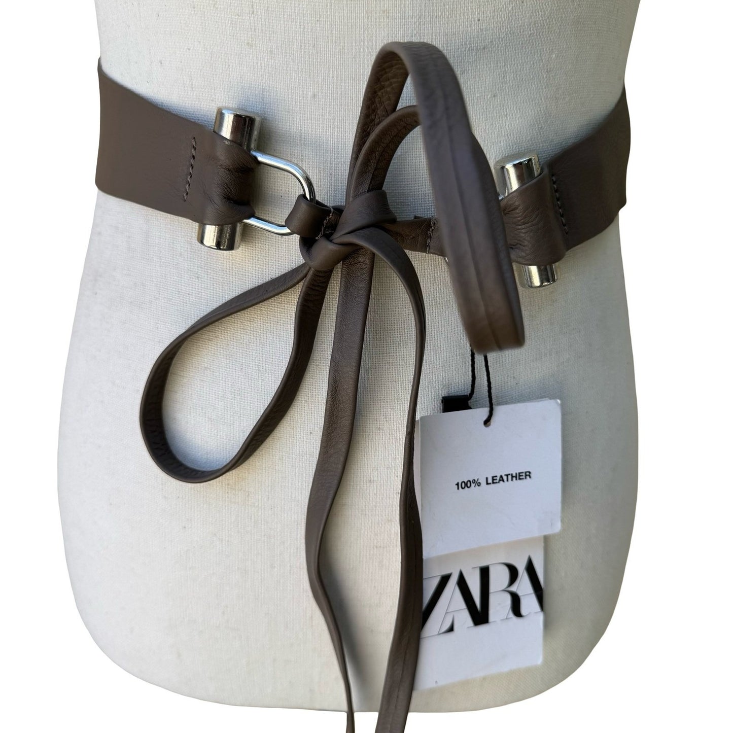 Zara Minimalist Boho Brown 100% Leather Tie Waist Obi Belt Silver Hardware NEW