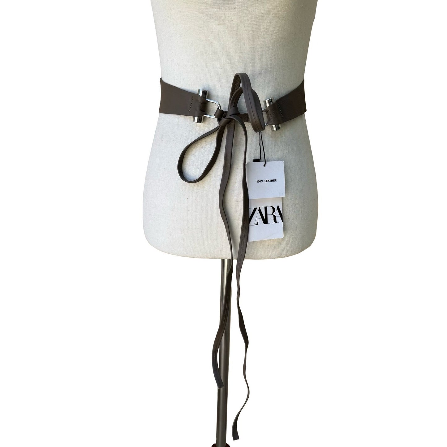 Zara Minimalist Boho Brown 100% Leather Tie Waist Obi Belt Silver Hardware NEW