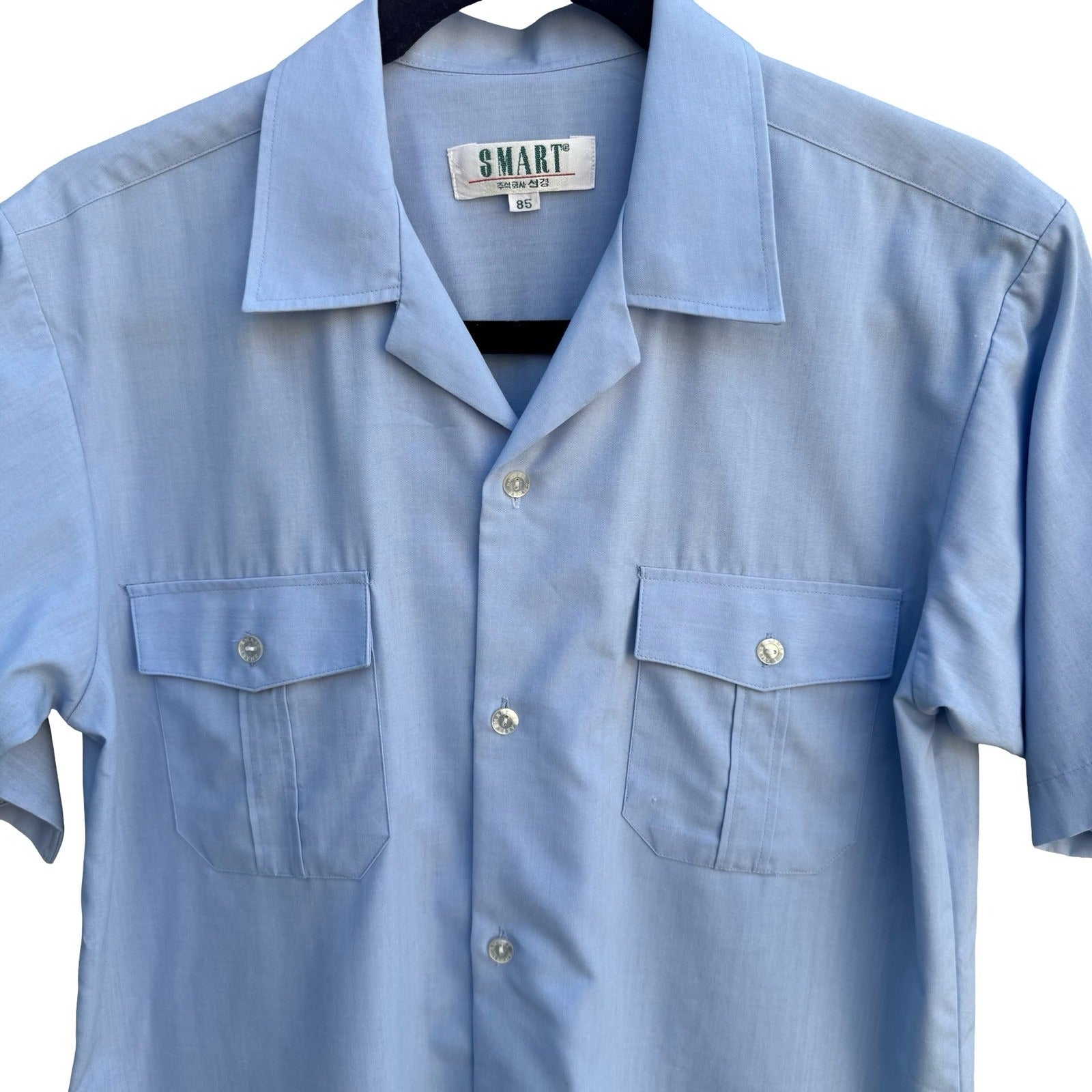 Smart Vintage Blue Short Sleeve Button Up Camp Collar Workwear Shirt Size 85