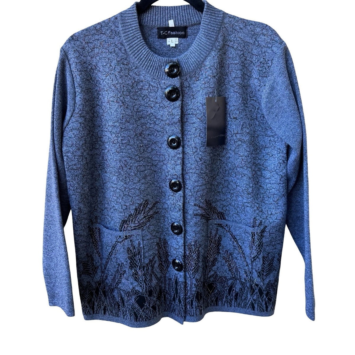 T-C Fashion Cottagecore Whimsigoth Sequin Floral Knit Cardigan Dark Mori L NEW