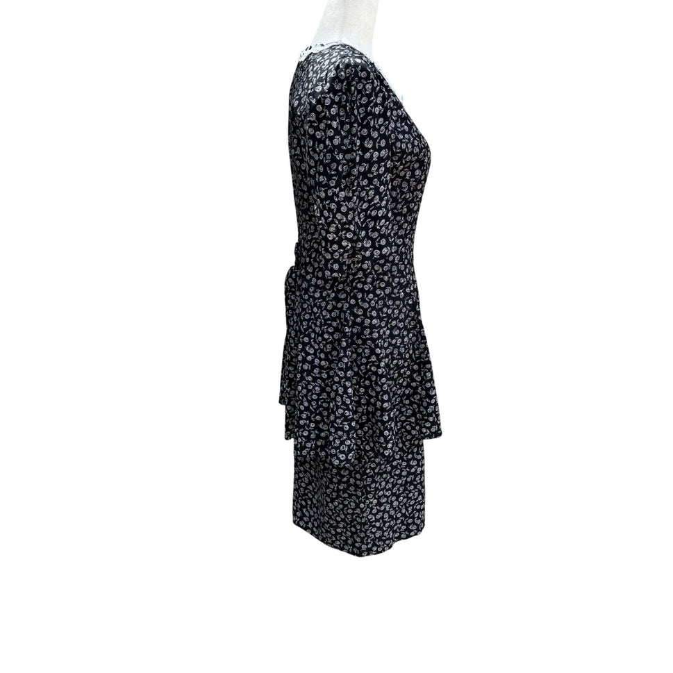 RJ Stevens Vintage 80s Black Floral Lace Collar Tiered Skirt Womens Dress 4