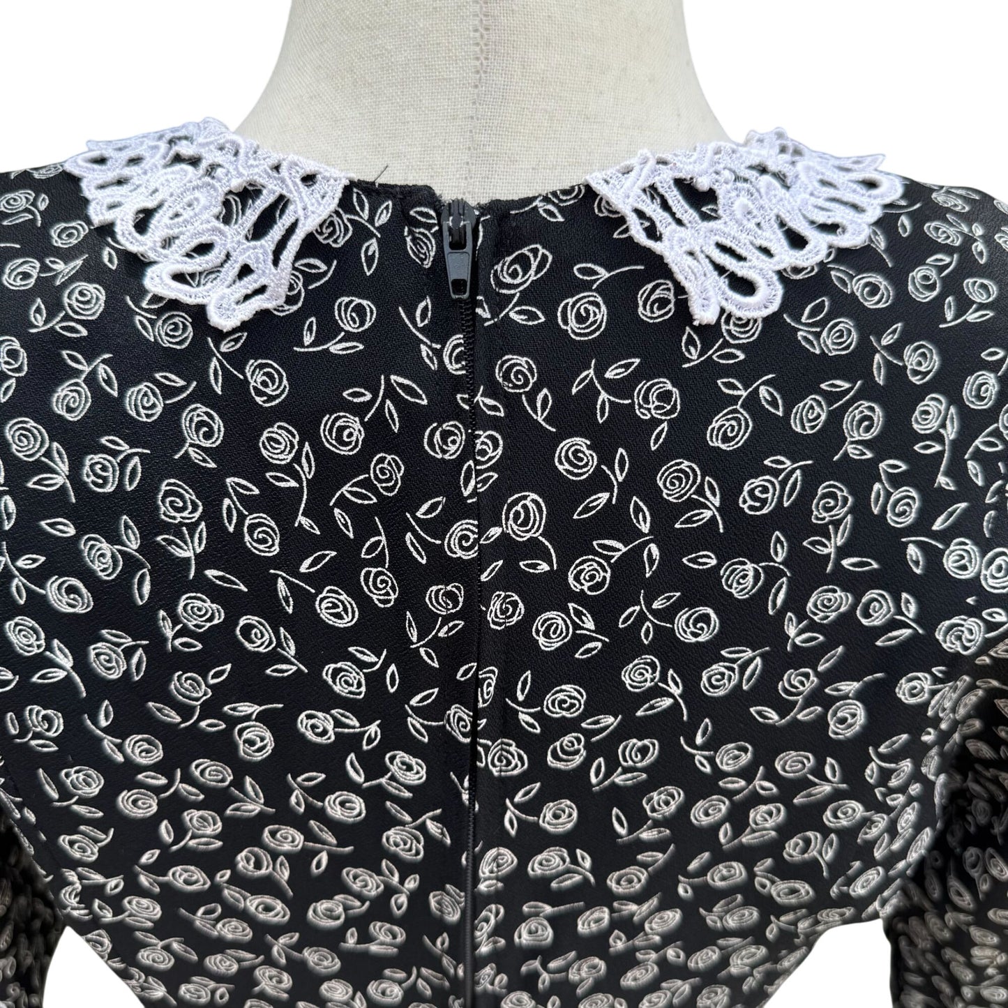 RJ Stevens Vintage 80s Black Floral Lace Collar Tiered Skirt Womens Dress 4