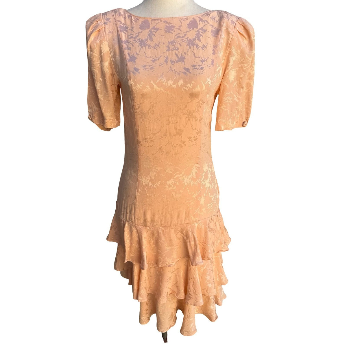 Private Collection Marshall Fields Vintage 80s Peach Silk Jacquard Ruffle Dress