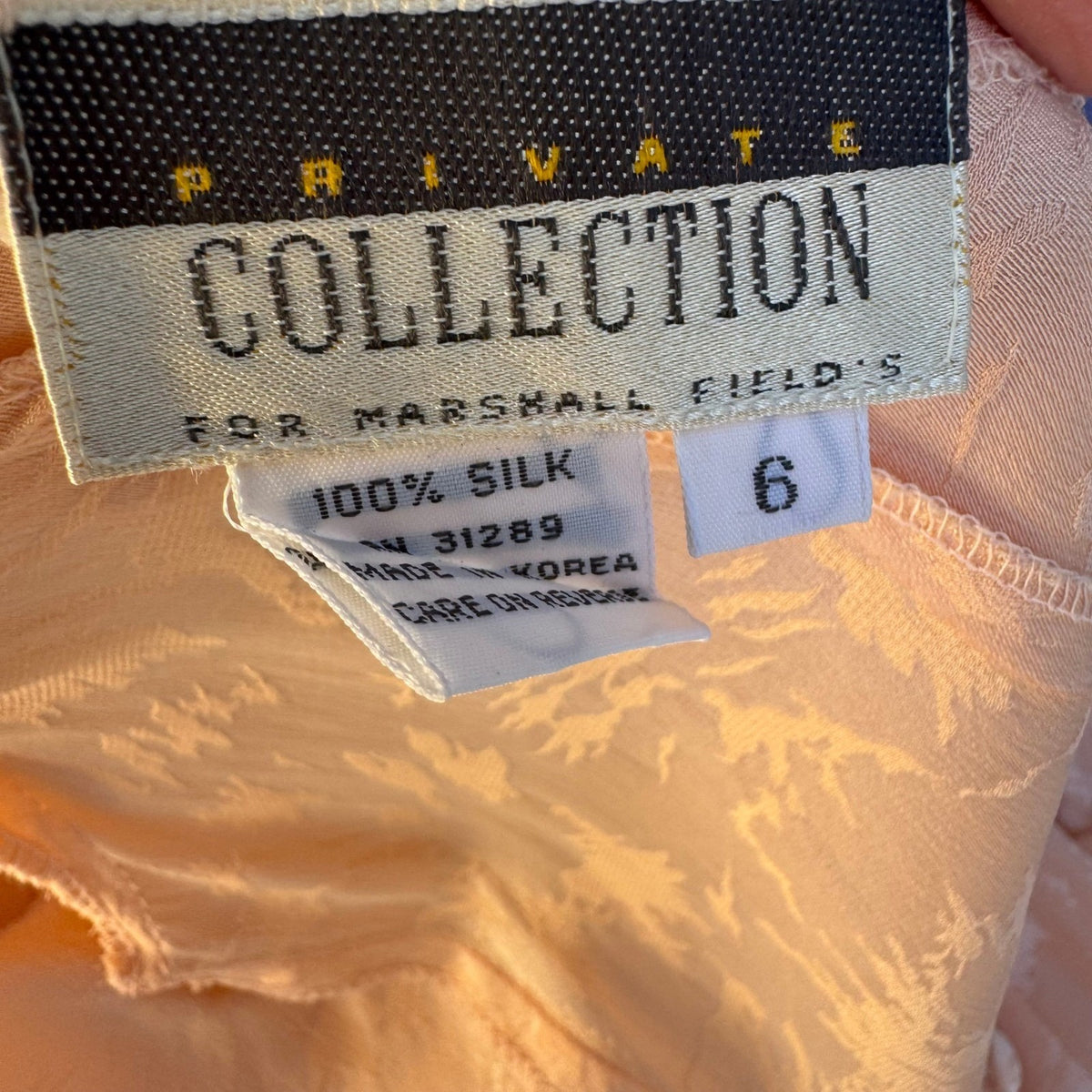 Private Collection Marshall Fields Vintage 80s Peach Silk Jacquard Ruffle Dress