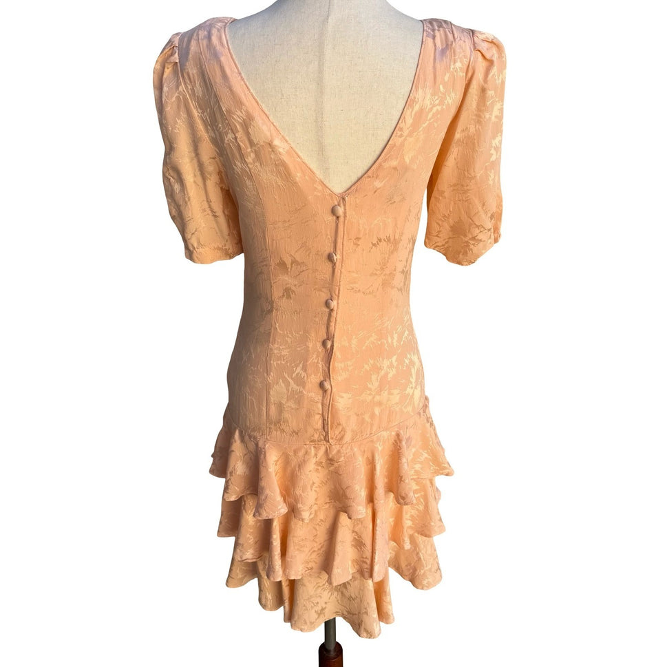 Private Collection Marshall Fields Vintage 80s Peach Silk Jacquard Ruffle Dress