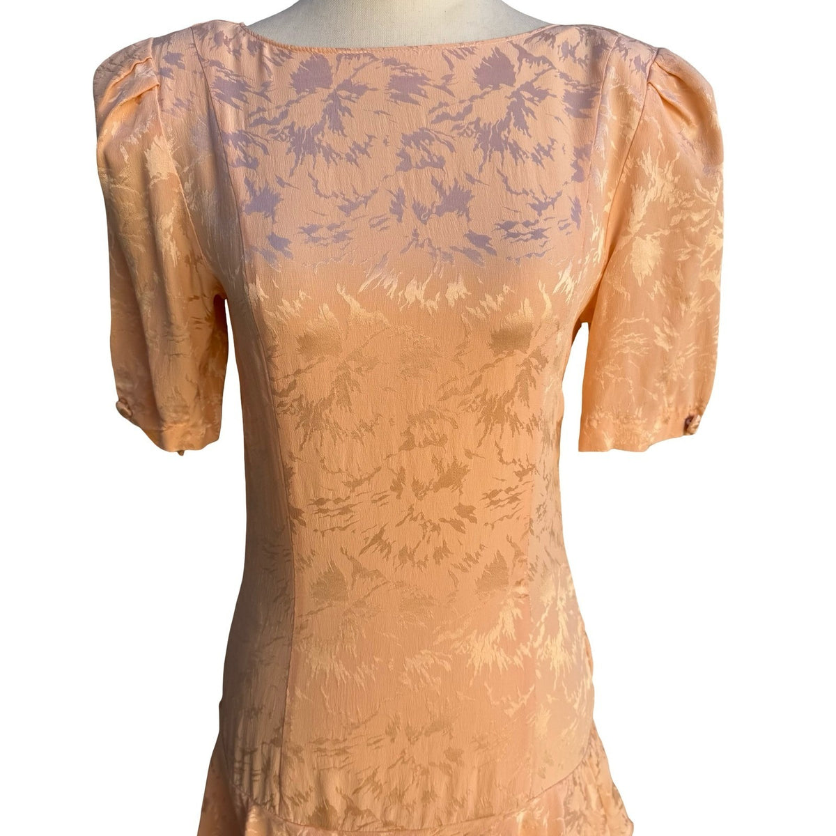 Private Collection Marshall Fields Vintage 80s Peach Silk Jacquard Ruffle Dress