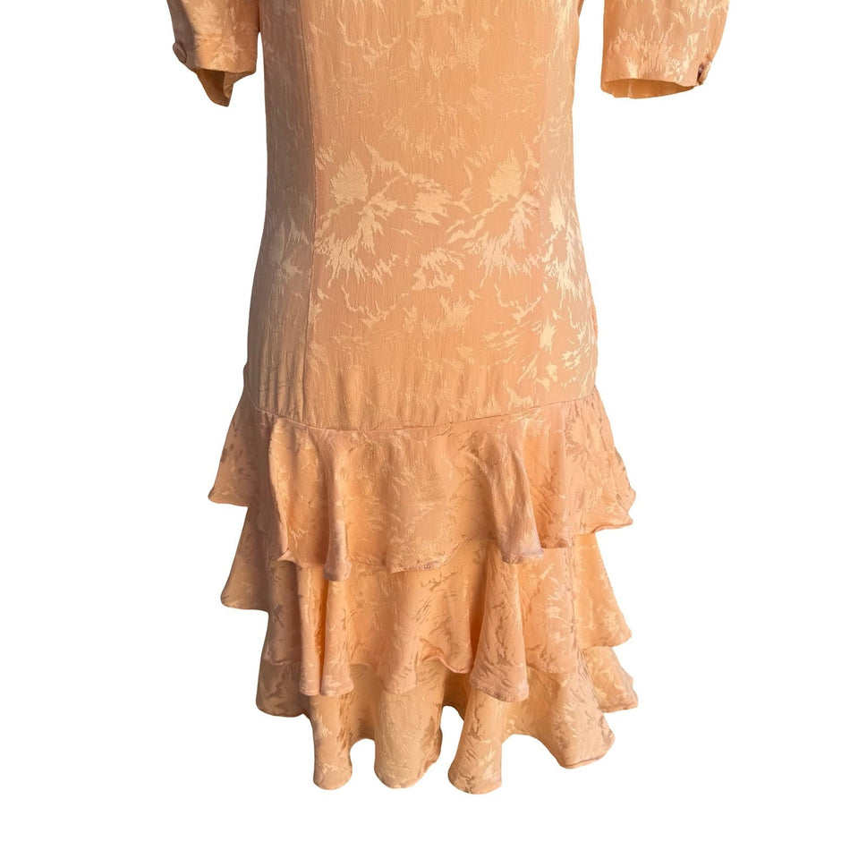 Private Collection Marshall Fields Vintage 80s Peach Silk Jacquard Ruffle Dress