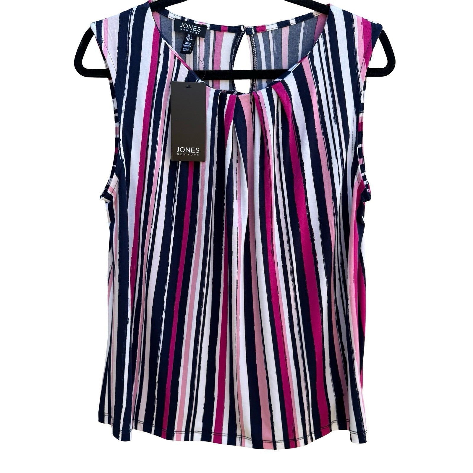Jones New York Preppy Nautical Pink Navy Striped Sleeveless Pleated Blouse L NEW