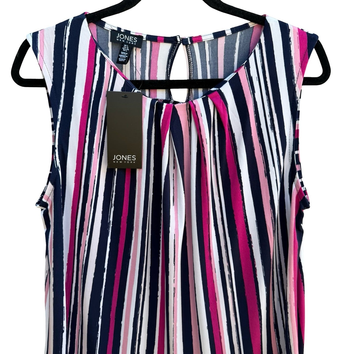 Jones New York Preppy Nautical Pink Navy Striped Sleeveless Pleated Blouse L NEW