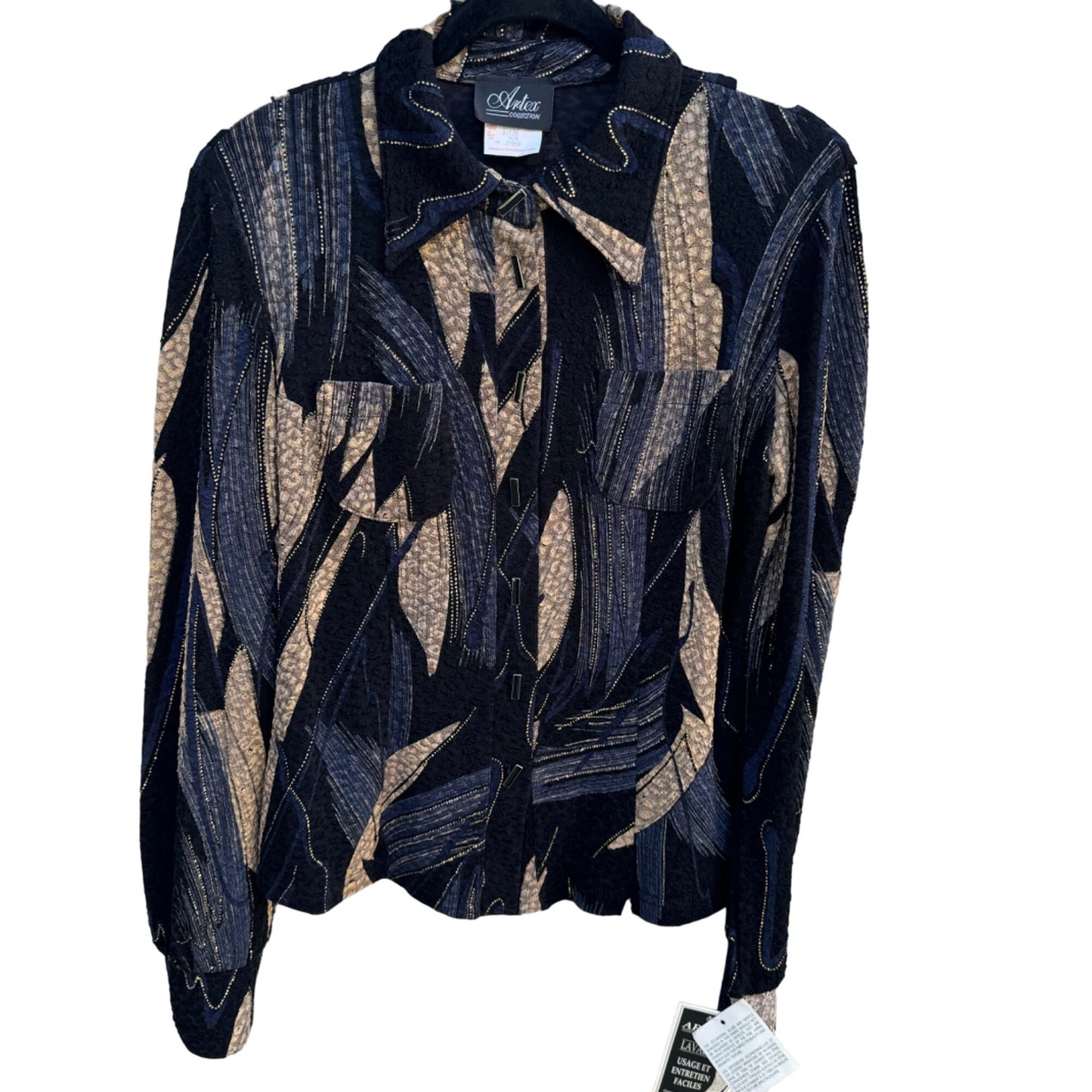 Artex Womens Glam Retro Black Blue Gold Abstract Pattern Button Up Jacket New M