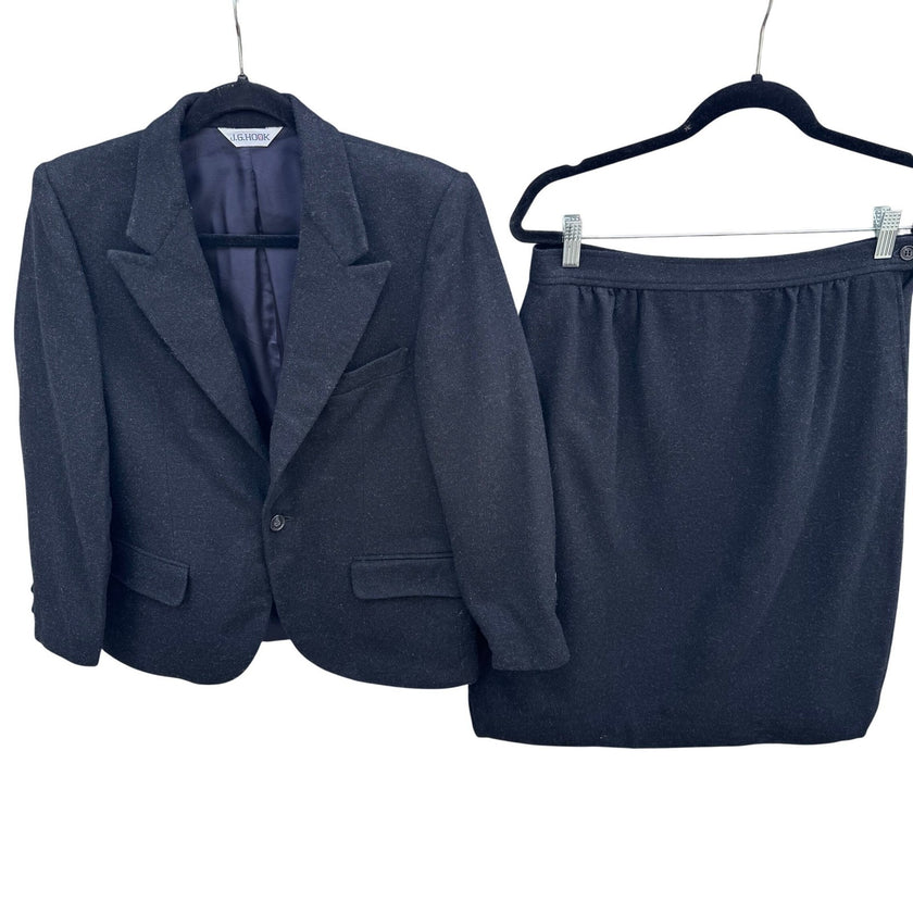 JG Hook Vintage Women's Skirt Suit Set Size 12/14 Black Wool Made in USA Preppy