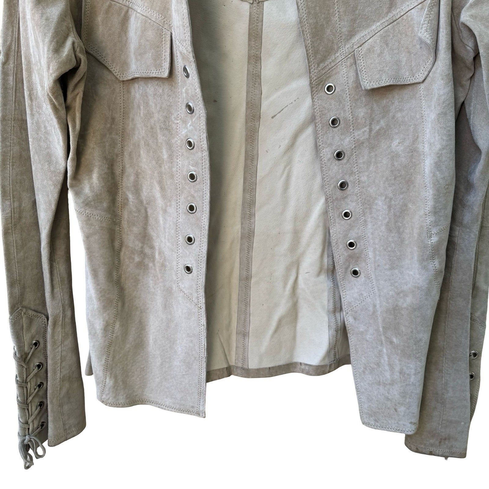 Jane Doe Y2K Leather Suede Boho Cowgirl Festival Western Lace Up Jacket Tan XS