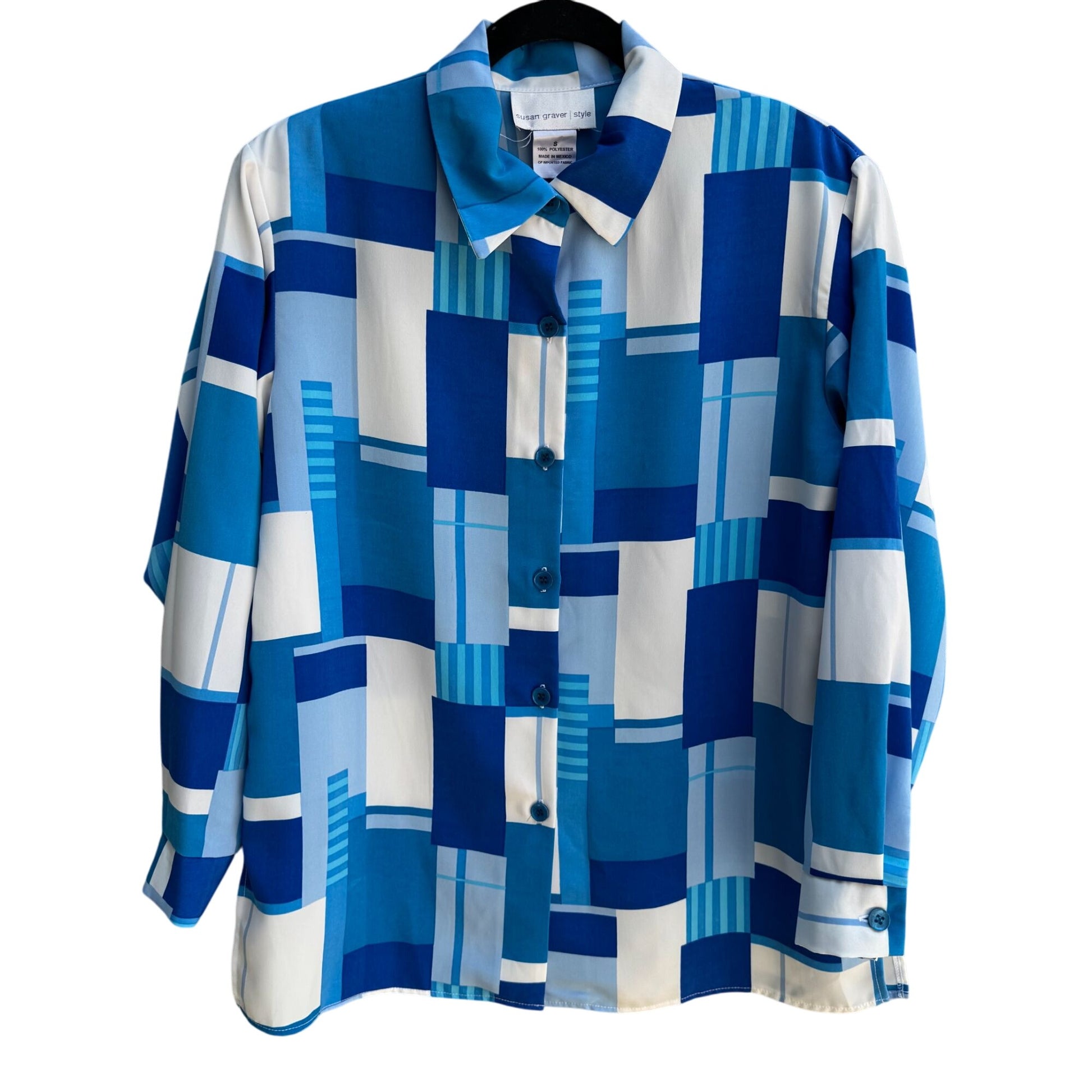 Susan Graver Style Womens Button Long Sleeve Blue Geometric Print Shirt Blouse S