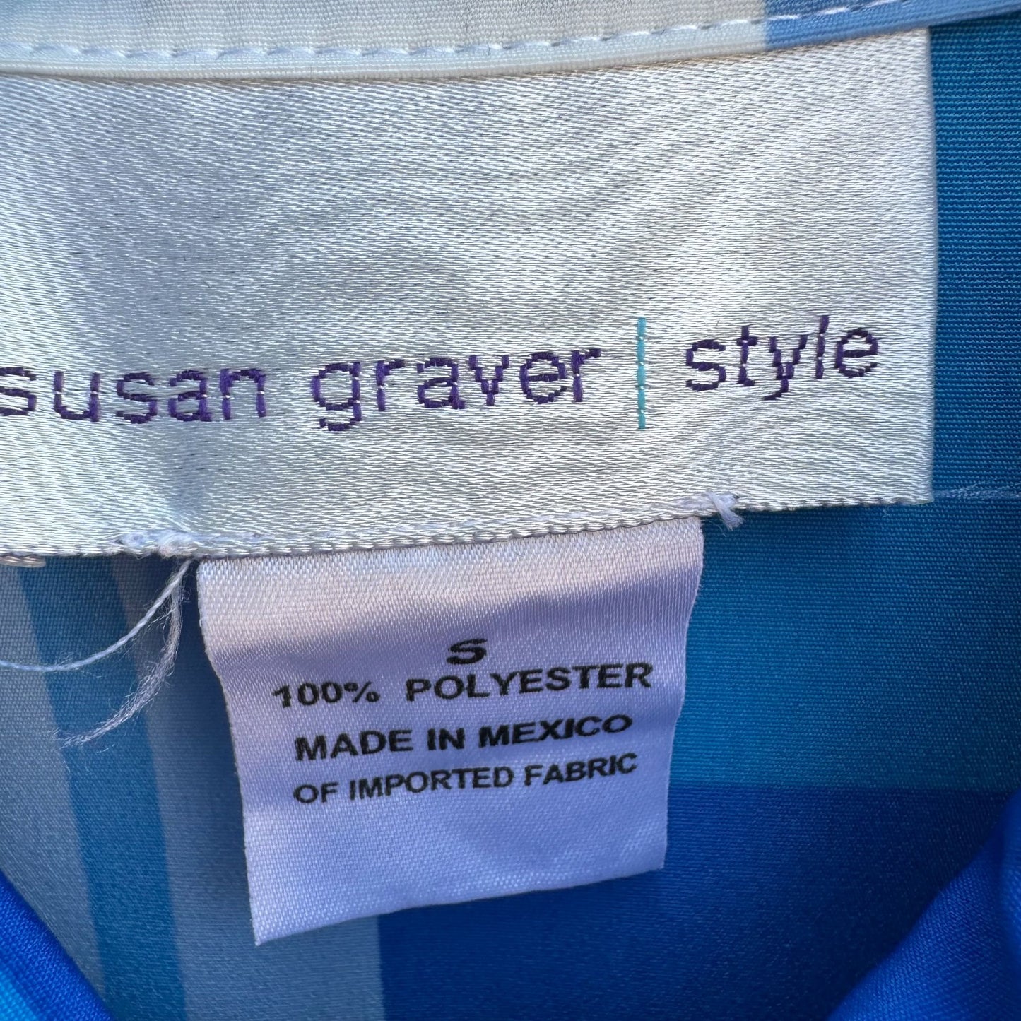 Susan Graver Style Womens Button Long Sleeve Blue Geometric Print Shirt Blouse S