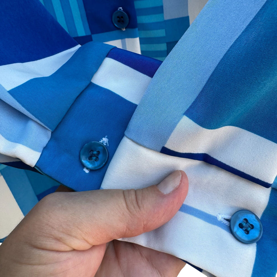 Susan Graver Style Womens Button Long Sleeve Blue Geometric Print Shirt Blouse S