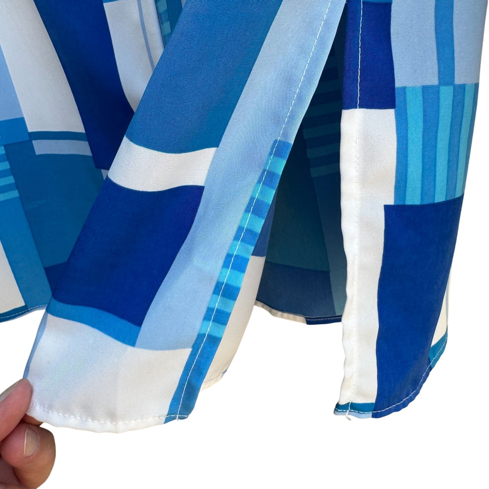 Susan Graver Style Womens Button Long Sleeve Blue Geometric Print Shirt Blouse S