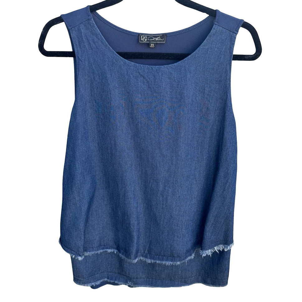 Diane Gilman DG2 Womens XS Blue Denim Chiffon Frayed Hem Tank Top Coastal Casual
