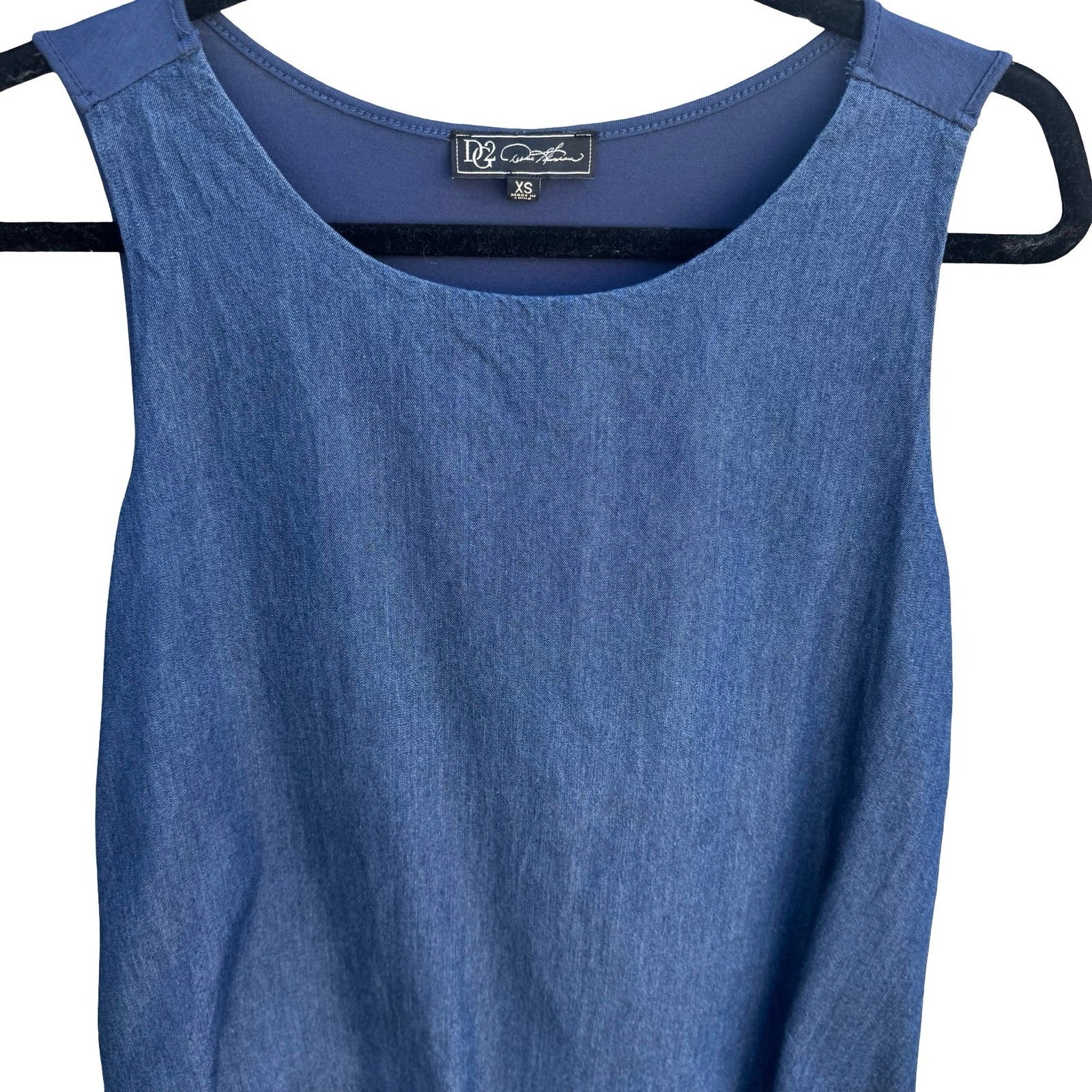 Diane Gilman DG2 Womens XS Blue Denim Chiffon Frayed Hem Tank Top Coastal Casual