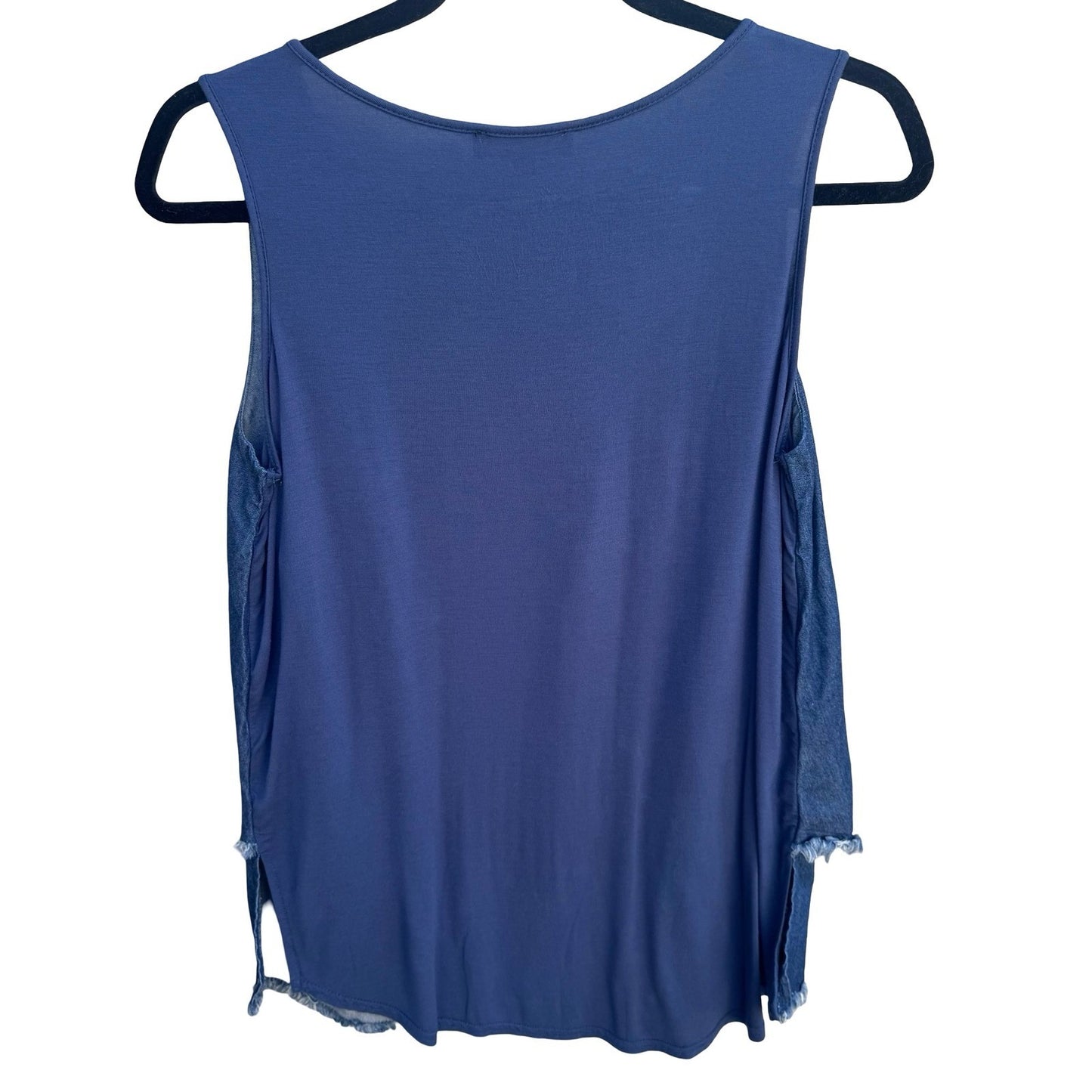 Diane Gilman DG2 Womens XS Blue Denim Chiffon Frayed Hem Tank Top Coastal Casual