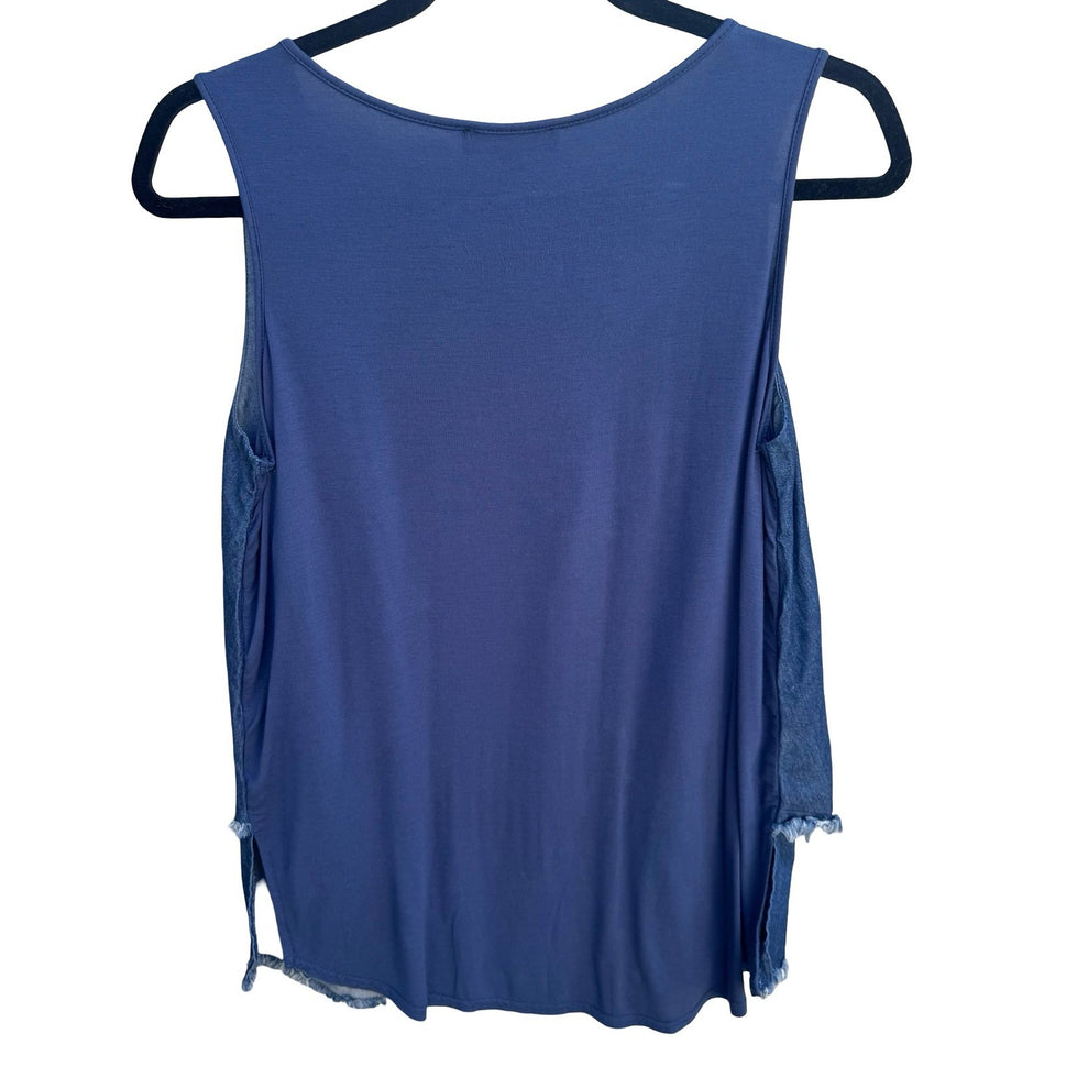 Diane Gilman DG2 Womens XS Blue Denim Chiffon Frayed Hem Tank Top Coastal Casual