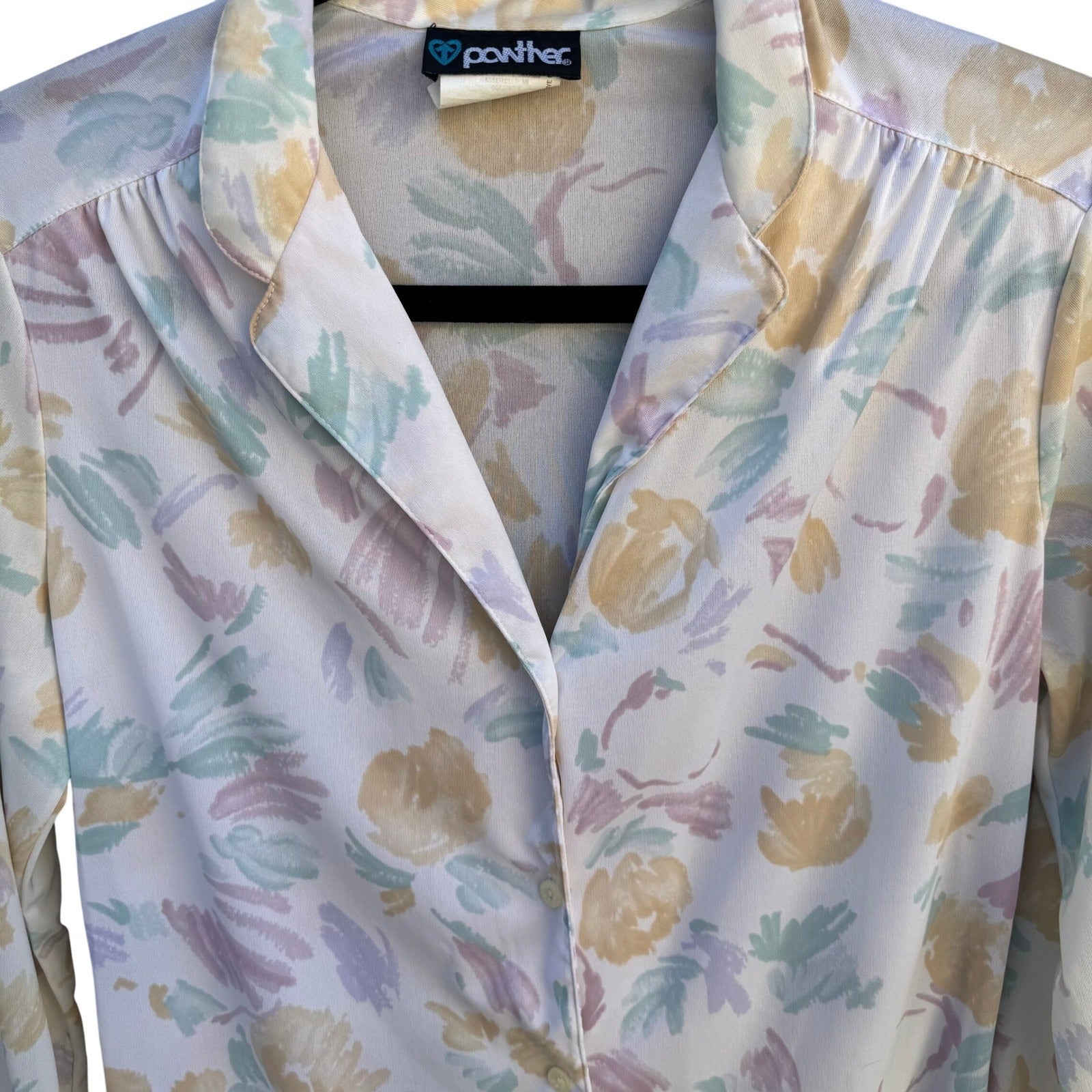 Panther Vintage 70s 80s Pastel Floral Button Down Blouse Long Sleeve White L