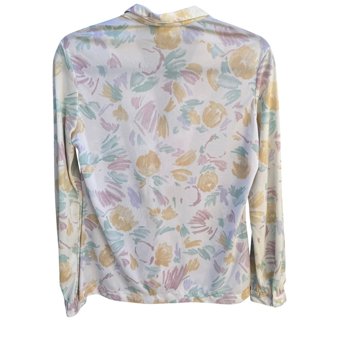 Panther Vintage 70s 80s Pastel Floral Button Down Blouse Long Sleeve White L