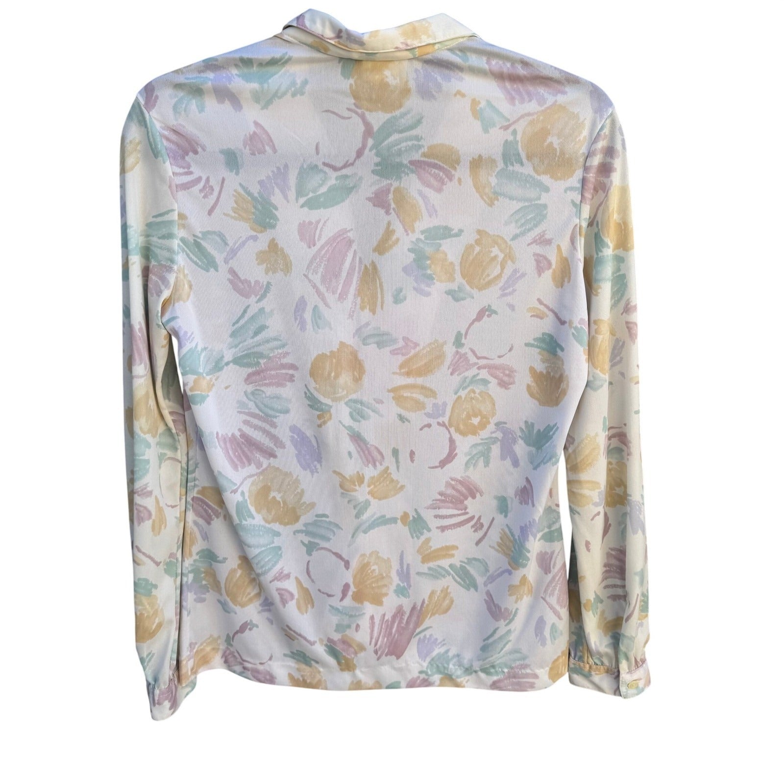 Panther Vintage 70s 80s Pastel Floral Button Down Blouse Long Sleeve White L