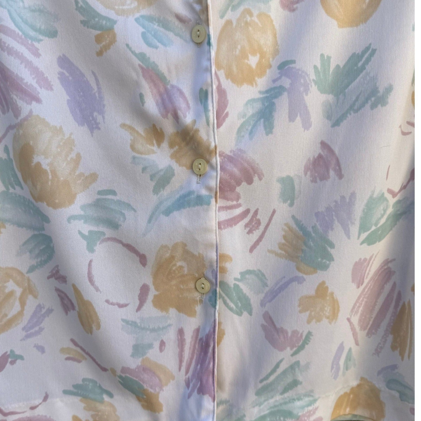 Panther Vintage 70s 80s Pastel Floral Button Down Blouse Long Sleeve White L