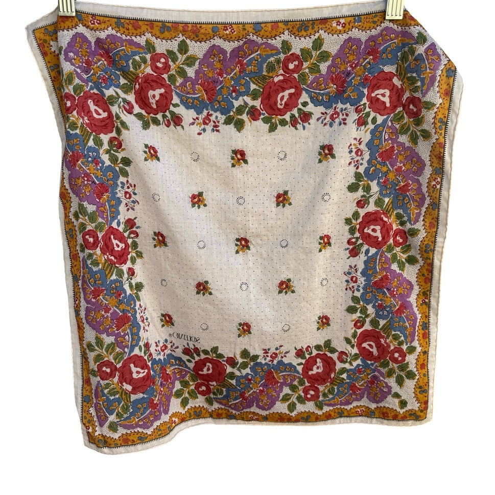 Souleiado Vintage French Provencal Floral Rose Cotton Square Scarf Multicolor