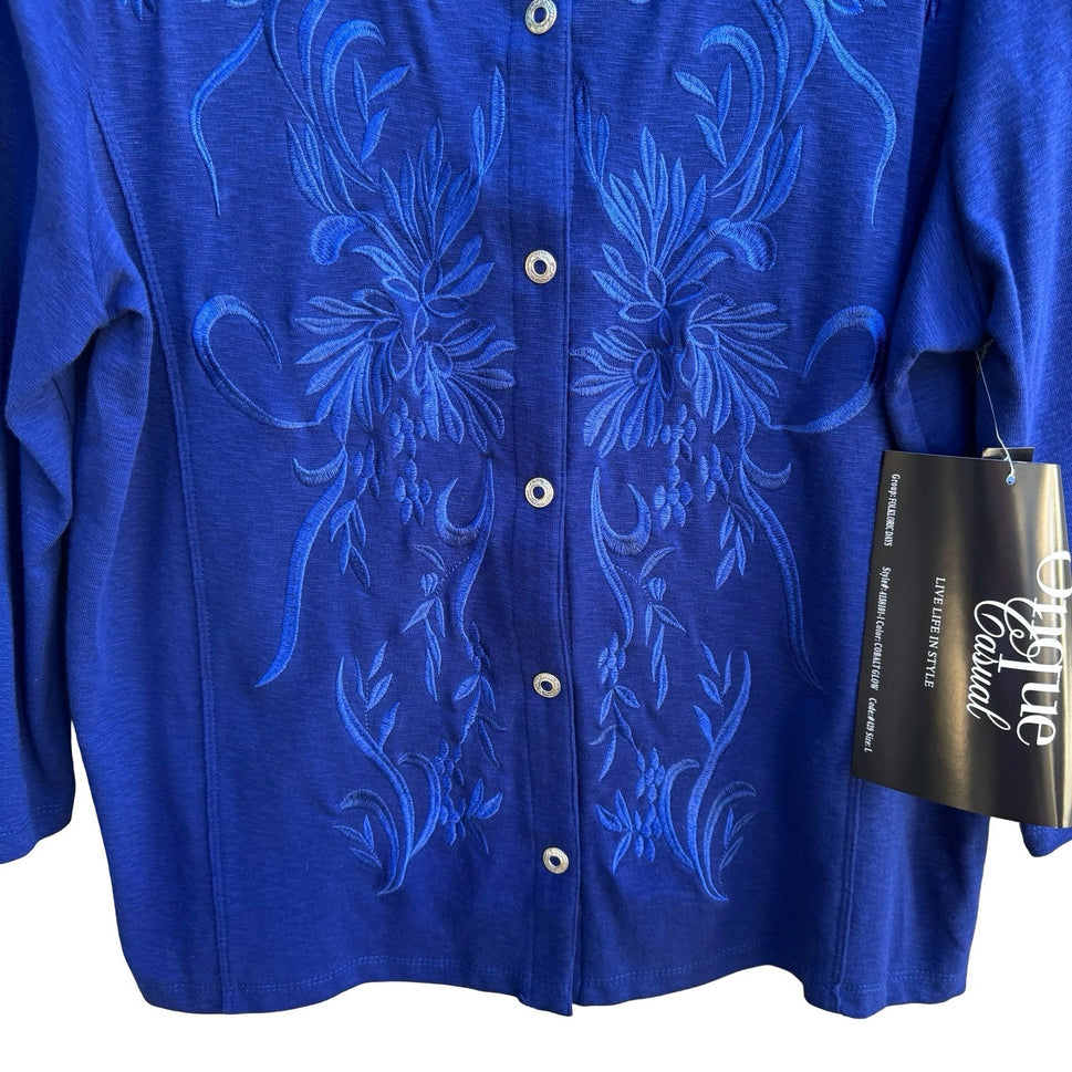 Onque Casual Boho Cottagecore Cobalt Blue Folk Floral Embroidered Jacket L NWT