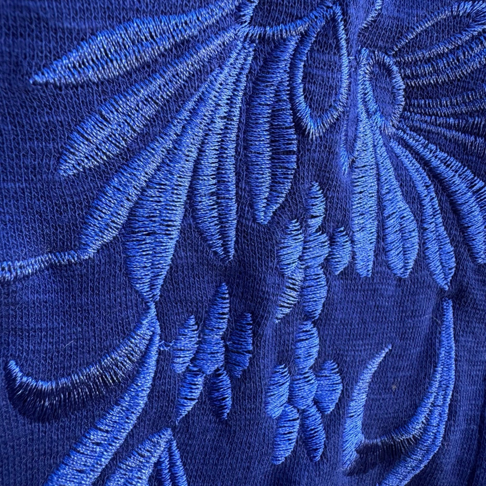 Onque Casual Boho Cottagecore Cobalt Blue Folk Floral Embroidered Jacket L NWT
