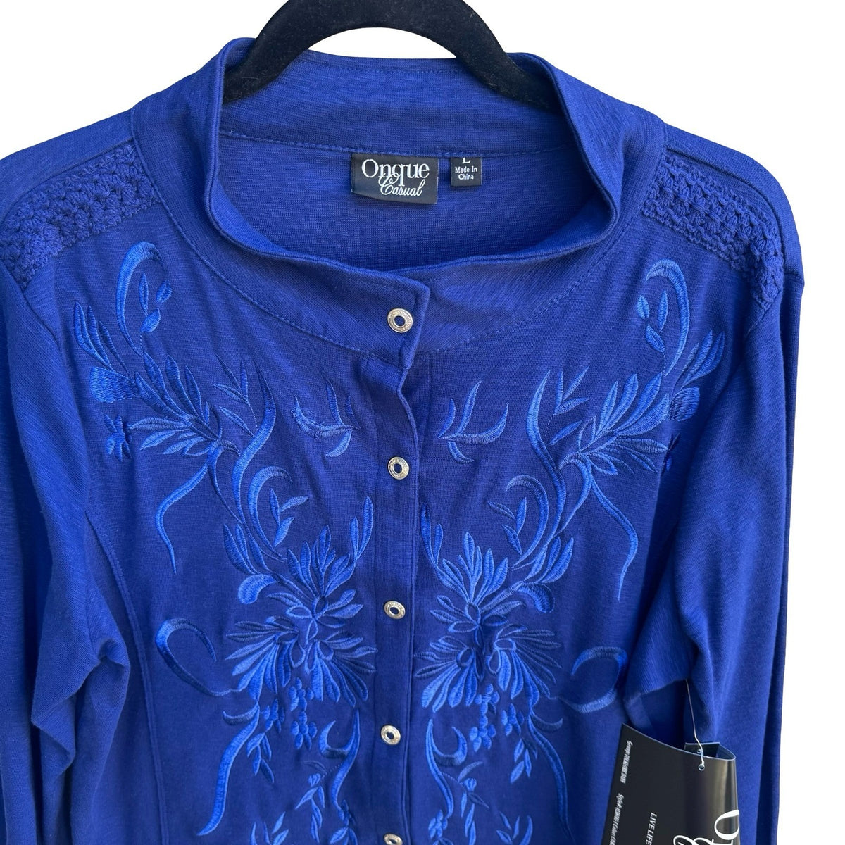 Onque Casual Boho Cottagecore Cobalt Blue Folk Floral Embroidered Jacket L NWT