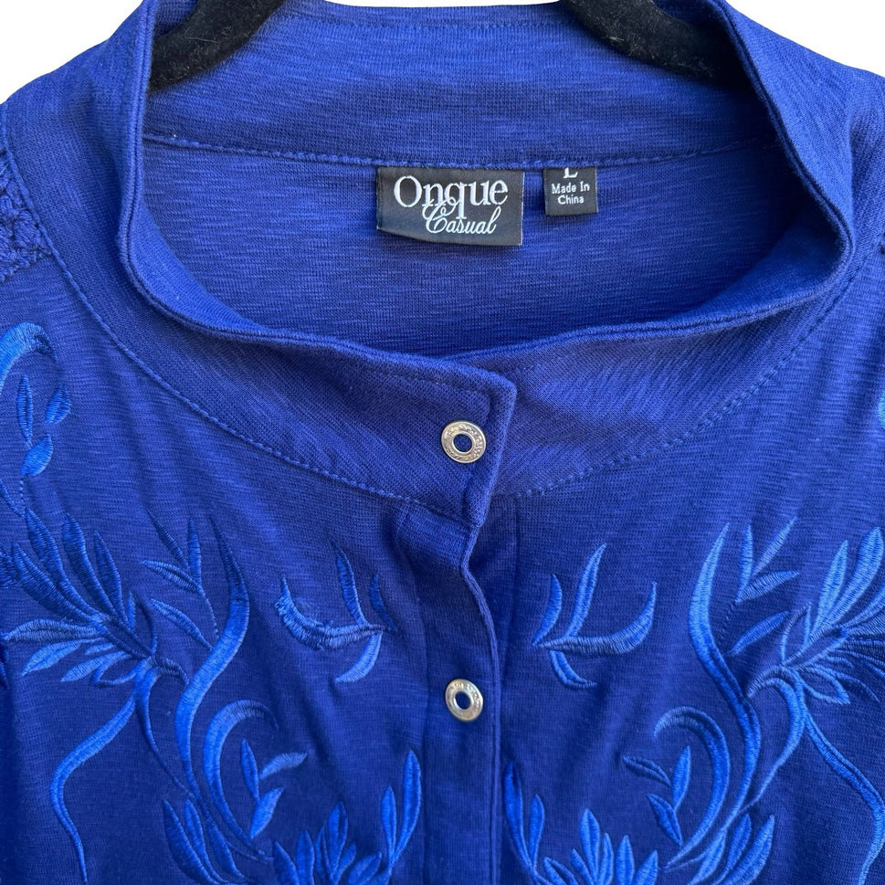 Onque Casual Boho Cottagecore Cobalt Blue Folk Floral Embroidered Jacket L NWT
