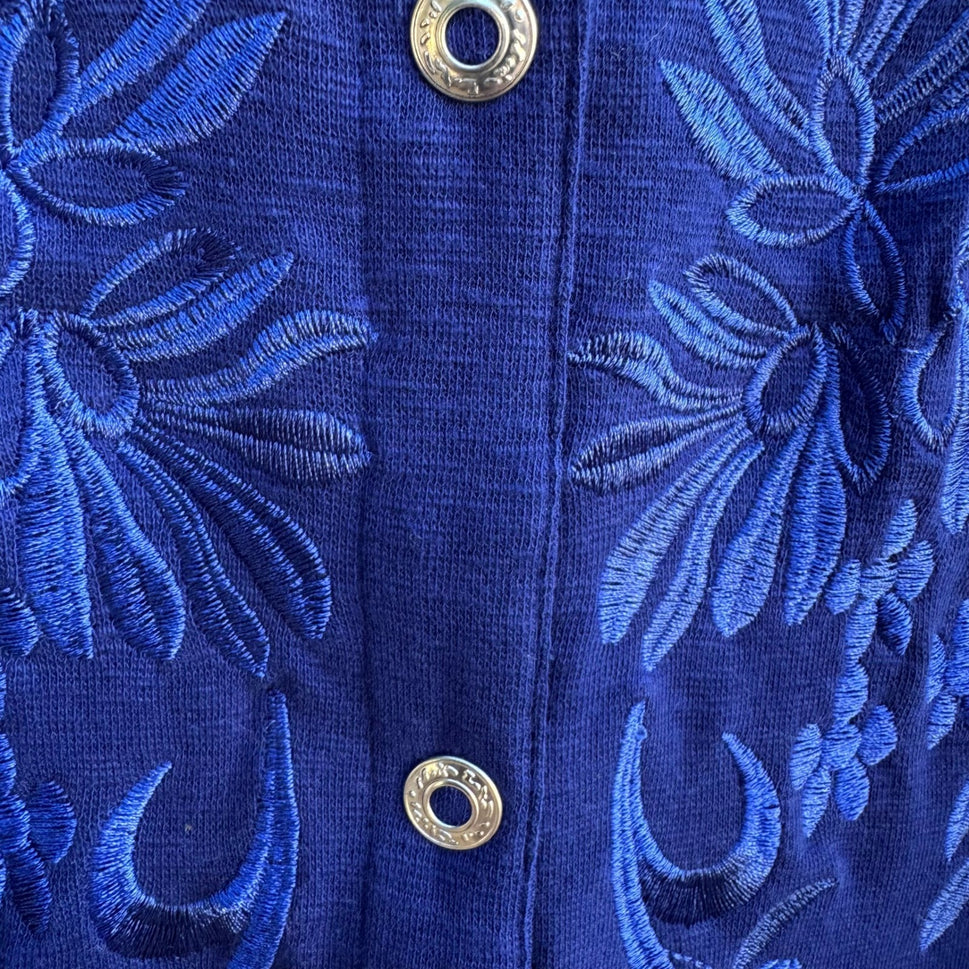 Onque Casual Boho Cottagecore Cobalt Blue Folk Floral Embroidered Jacket L NWT