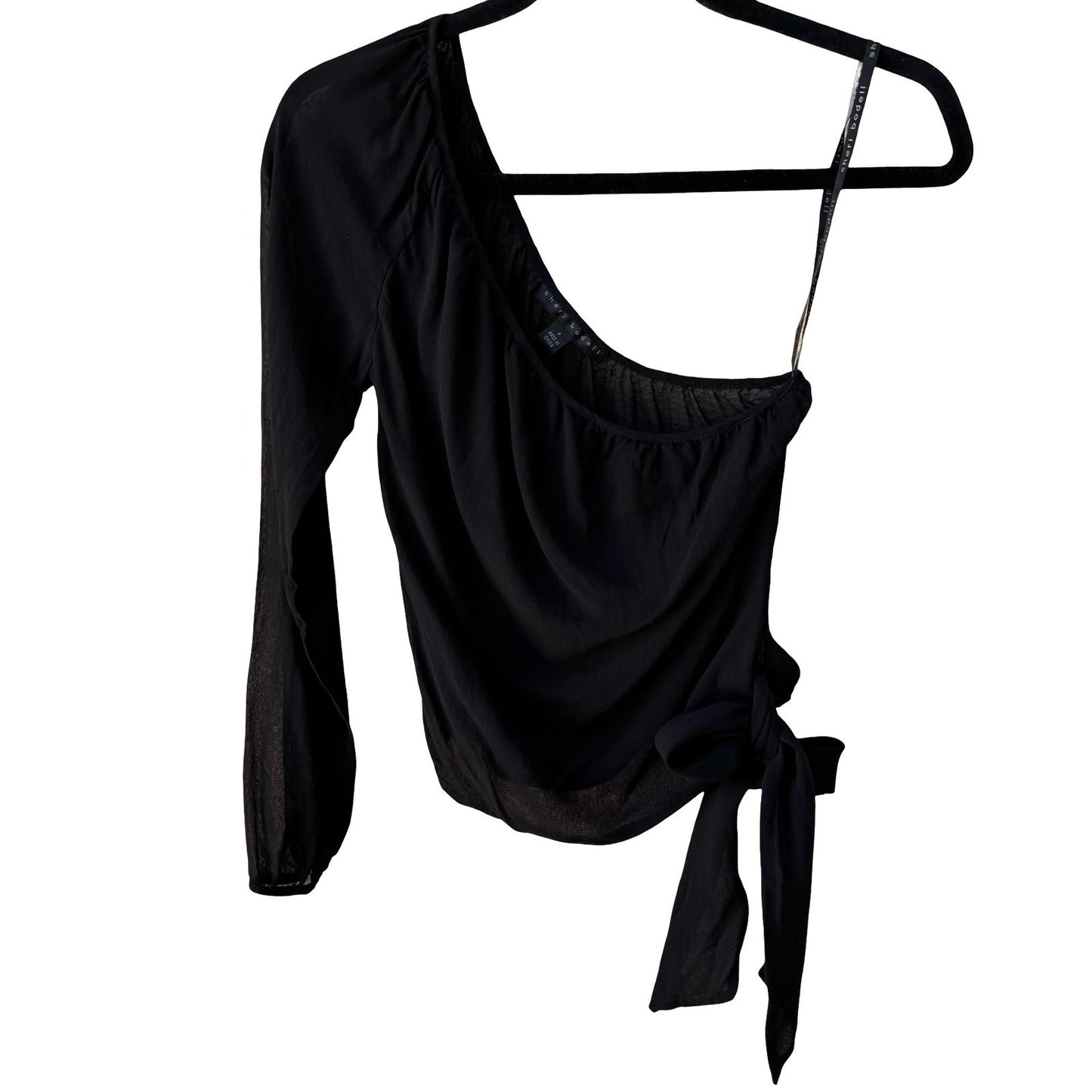 Sheri Bodell Y2K Silk Sheer Minimalist One Shoulder Asymmetric Side Tie Blouse S