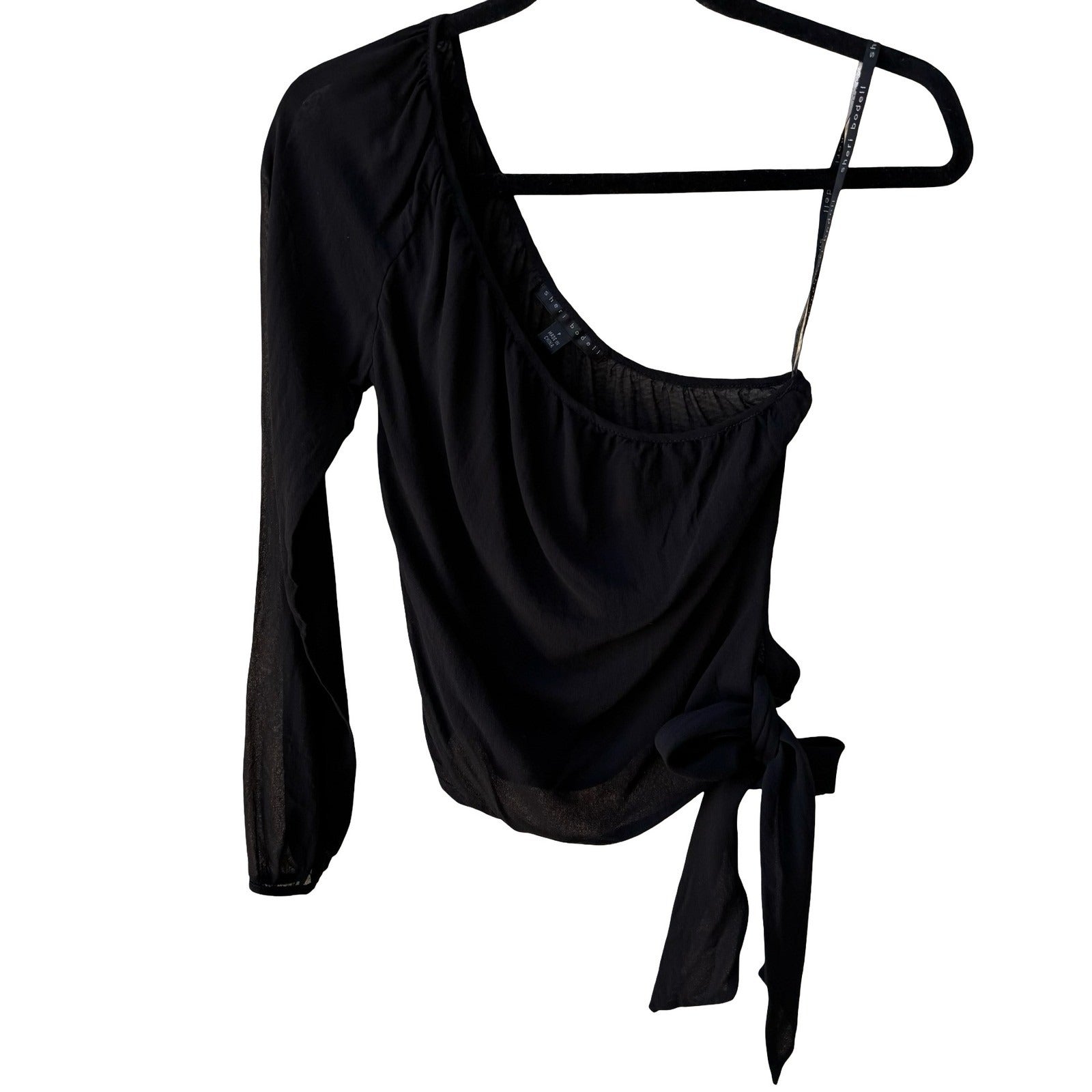 Sheri Bodell Y2K Silk Sheer Minimalist One Shoulder Asymmetric Side Tie Blouse S