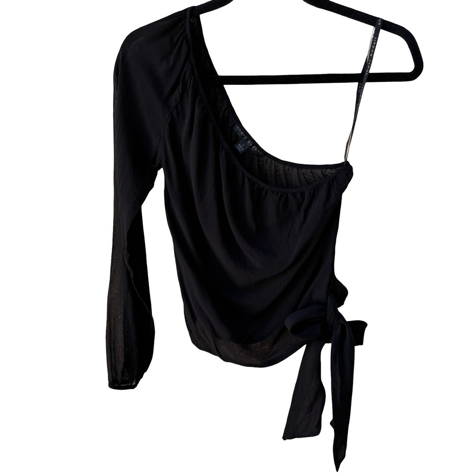 Sheri Bodell Y2K Silk Sheer Minimalist One Shoulder Asymmetric Side Tie Blouse S