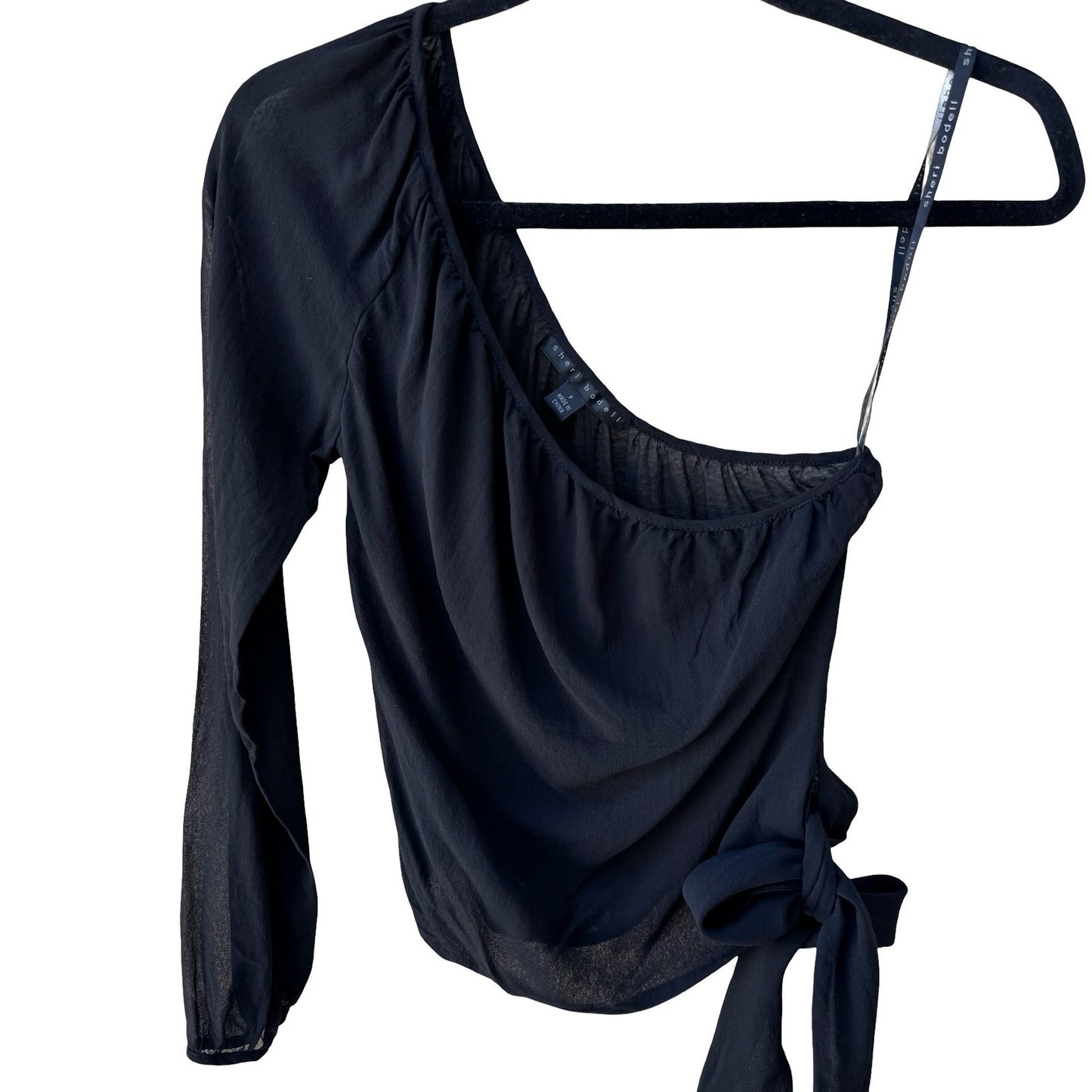 Sheri Bodell Y2K Silk Sheer Minimalist One Shoulder Asymmetric Side Tie Blouse S